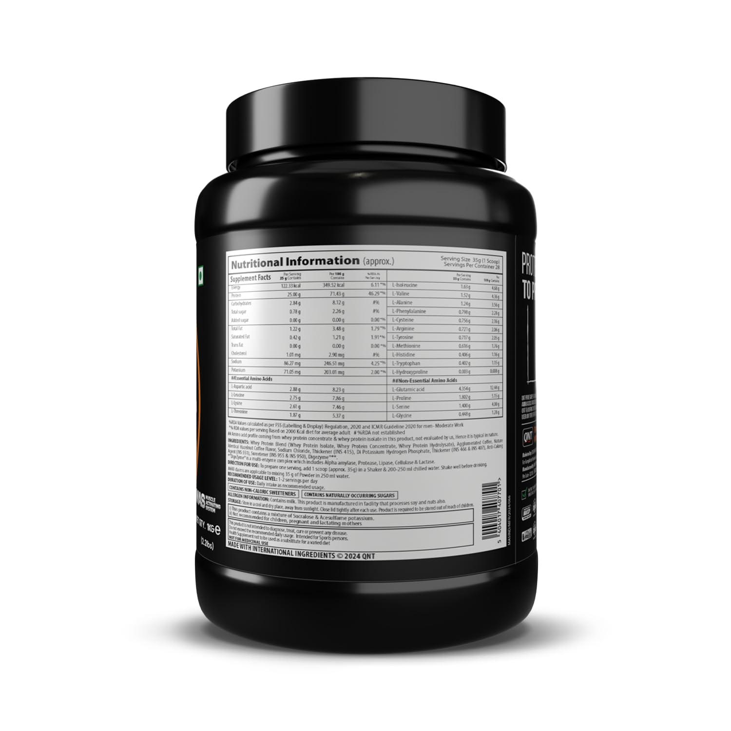 QNT QNT Prime Whey Protein Powder | Hazelnut Coffee, 1 Kg | Triple Blend of Whey Isolate, Concentrate & Hydrolysate | 25g Protein, 5.9g BCAA per Scoop | Best Whey Protein Powder for Men & Women