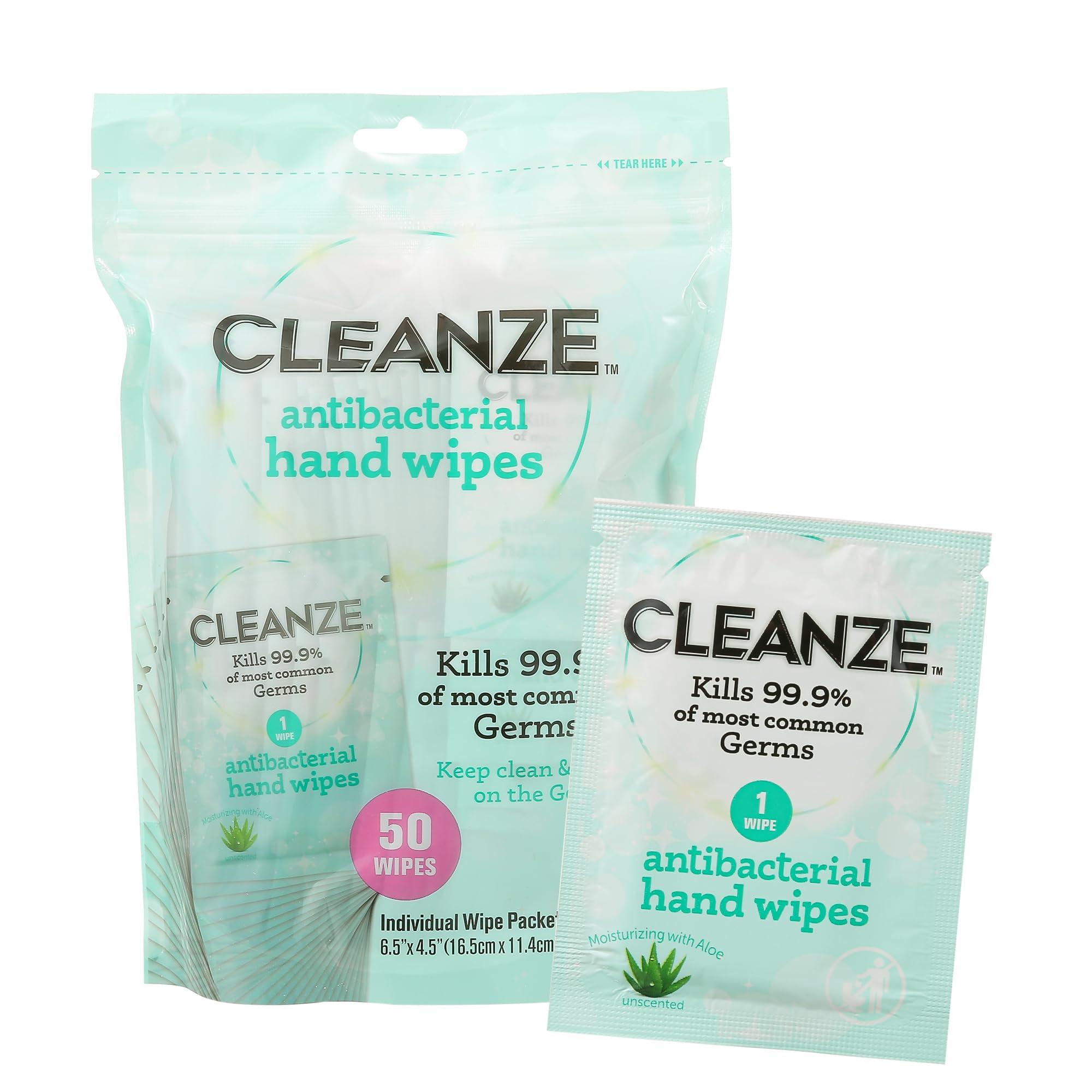 Cleanze Cleanze Antibacterial Hand Sanitizing Hand Wipes | Individual Hand Wipe Packets, 50 Unscented Disinfecting Hand Sanitizer Wipes with Aloe | Travel Hand Sanitizer Wipes Kill 99.9% of Germs