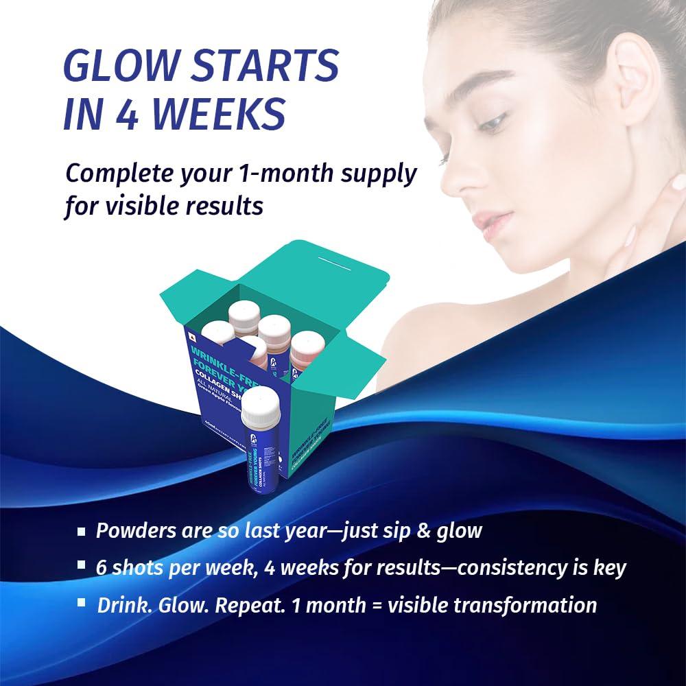 BonAyu BonAiyu WRINKLE-FREE FOREVER YOUNG COLLAGEN SHOTS All Natural (Green Apple Flavour) | With Vitamin C & Biotin | Promotes Healthy & Glowing Skin, Hair & Nails | Sugar Free for Women / Men | 45ml Each (Pack Of 6 Pet Bottles)