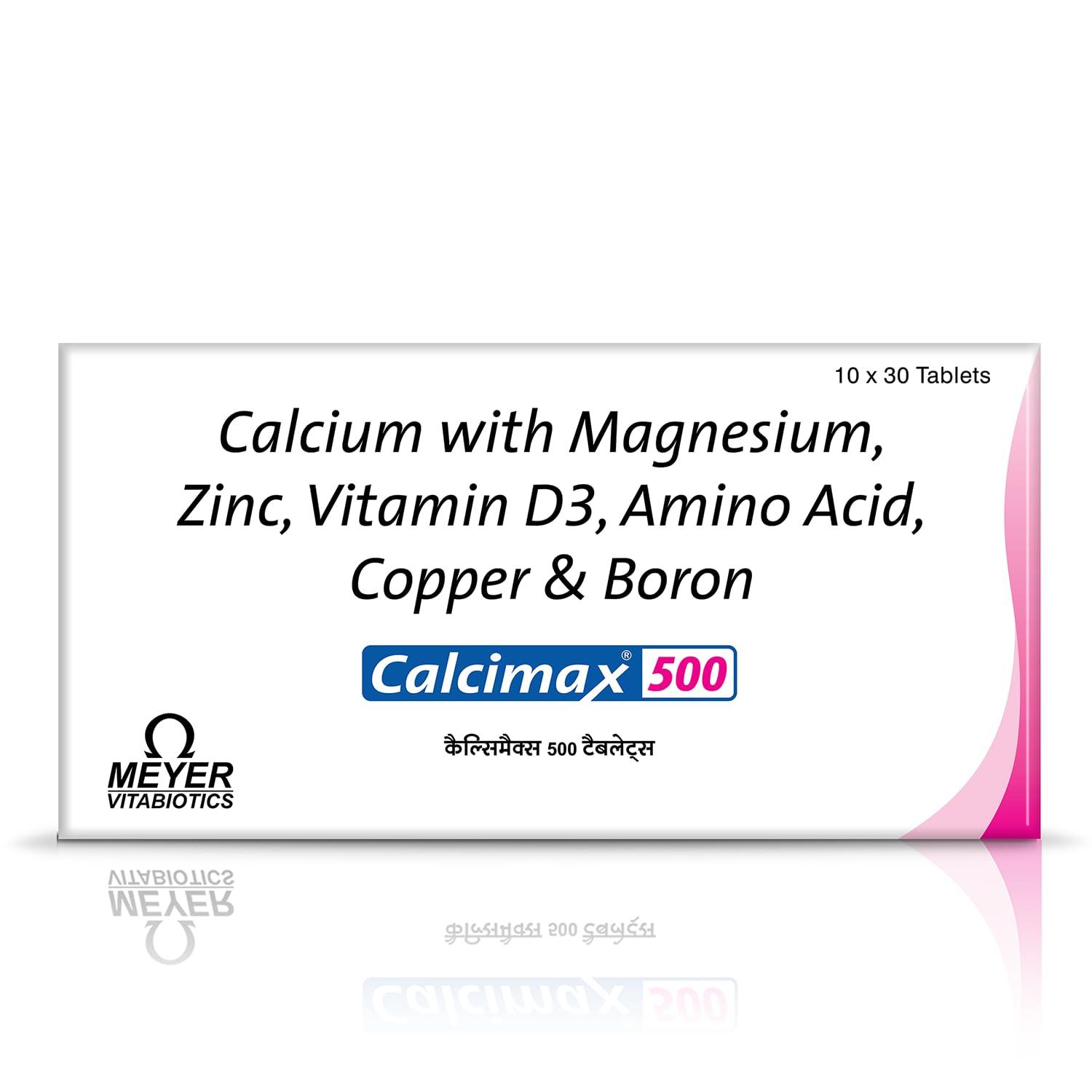 Calcimax 500 Calcimax 500 Tablets With 500Gm Calcium Carbonate, Vitamin D3, And Zinc That Prevents Calcium Deficiency, Useful In Osteoporosis, Osteopenia 30 Tablets