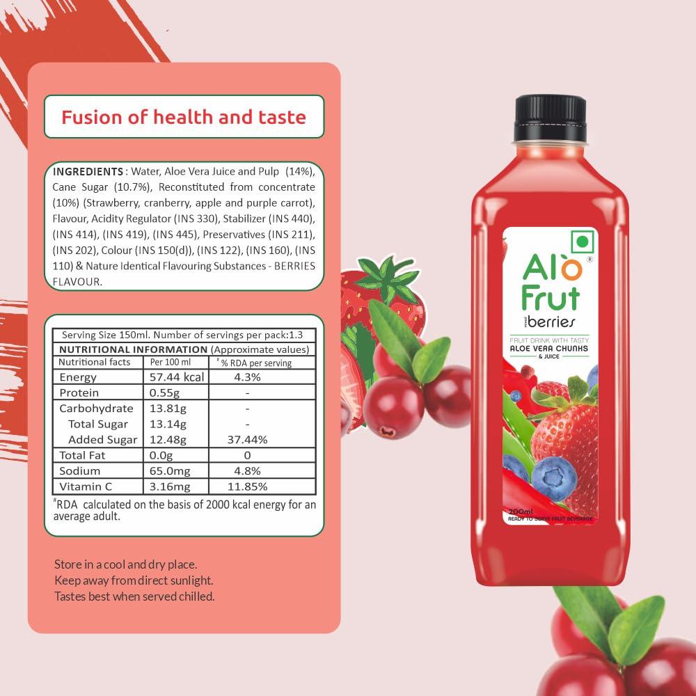 ALO FRUT Alo Frut Berries Aloevera Chunks & Juice 200ml(Pack of 48) - 1 Case | Fruit Juice Mai Aloevera Chunks | Healthy Hai Isme Aloevera Hai | Ready To Serve Drink