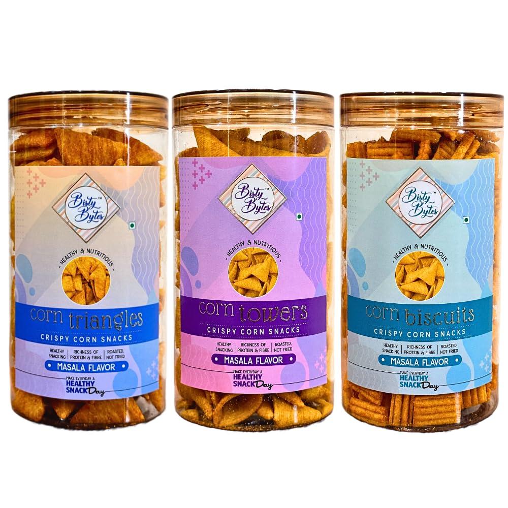 Bisty Bytes Bisty Bytes Corn Snacks || Corn Triangles + Corn Towers + Corn Biscuits || Pack of 3 || Healthy baked Snacks
