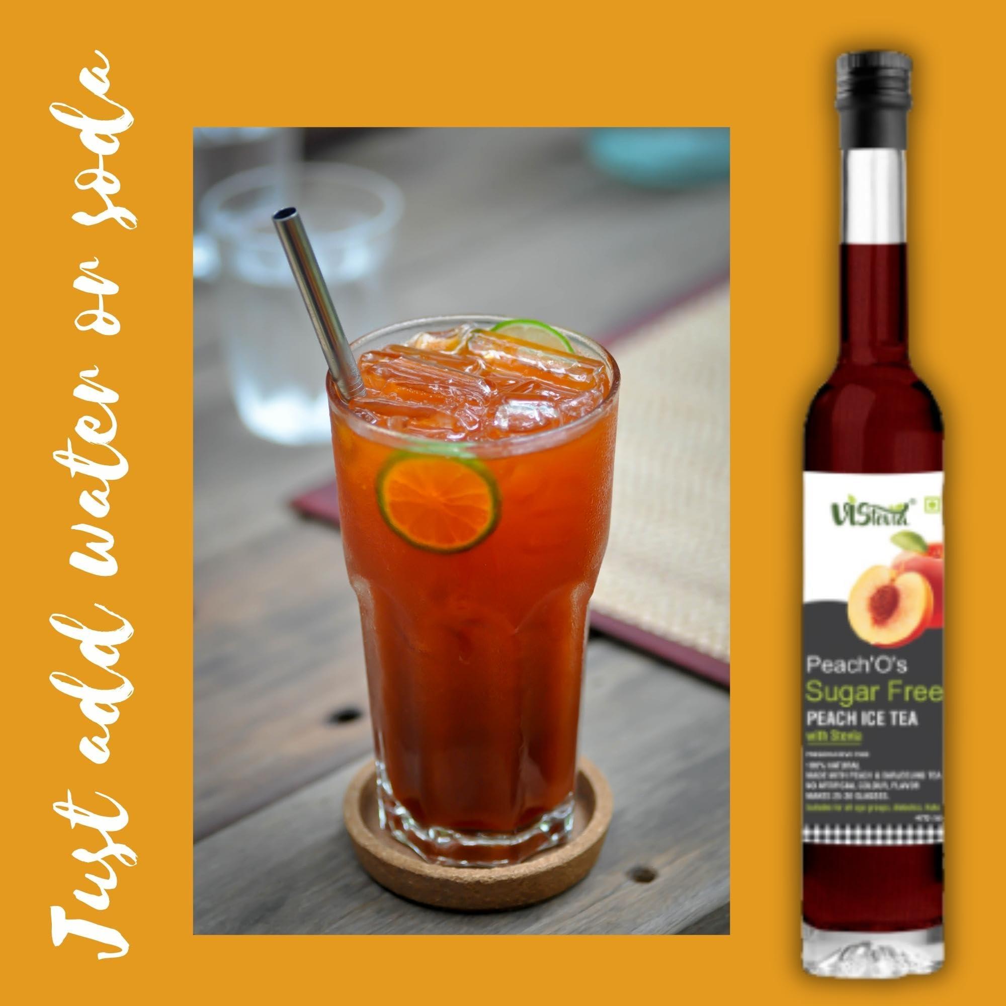 VISTEVIA Vistevia Sugar Free Peach Iced Tea Syrup, Diabetic and Keto Friendly - Sweetened Naturally With Stevia - Contains Real Peach Puree And Darjeeling Tea, Delicious To Taste, Pack of 1 (470m serves 25-30 glasses)