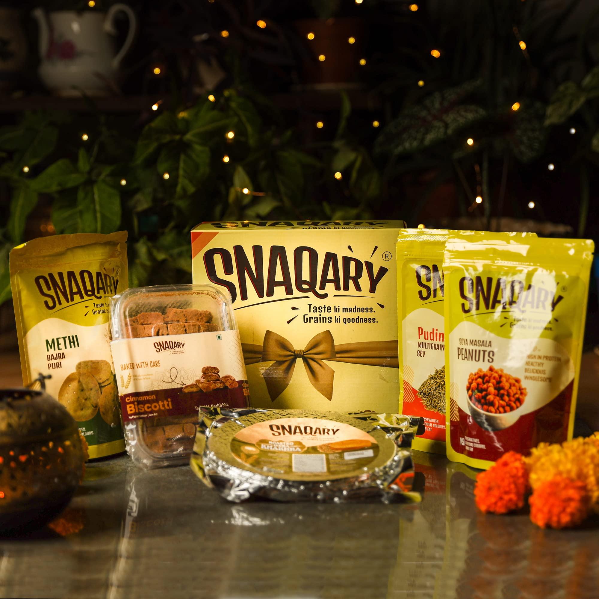 Snaqary Snaqary | Snacks Combo | Healthy Gift Hamper | Premium Chocolate Bits | Baked | Biscotti & Soya Coated Peanuts | Pudina Sev & Bajra Puri/Mathri/Mathi