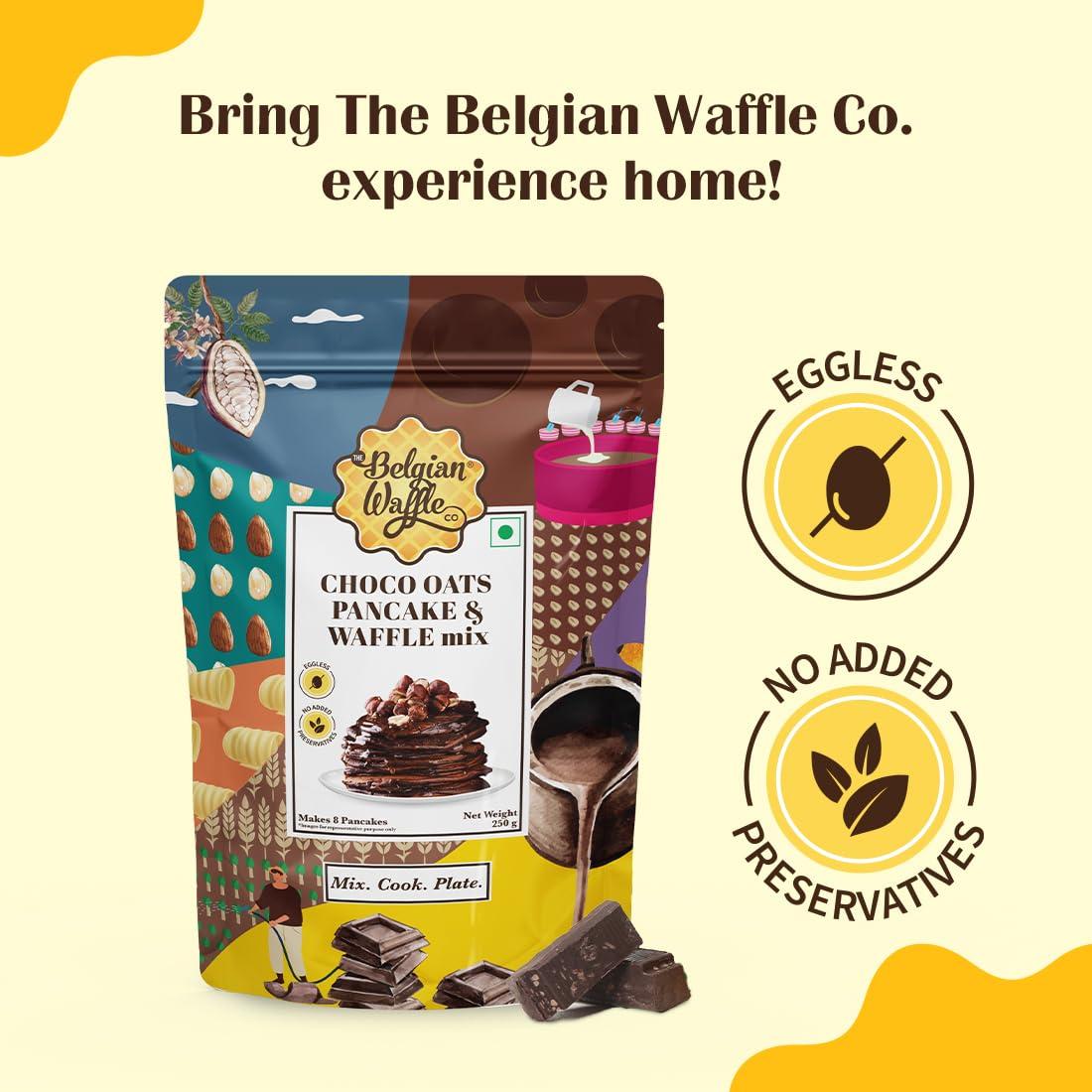 The Belgian Waffle Co The Belgian Waffle Co Chocolate Oats Pancake & Waffle Premix, 100% Vegetarian & Eggless, No Added Preservatives and Organic Non Refined Sugar, Instant Breakfast Mix - 250gm (9 Pancakes Each,Pack of 3)