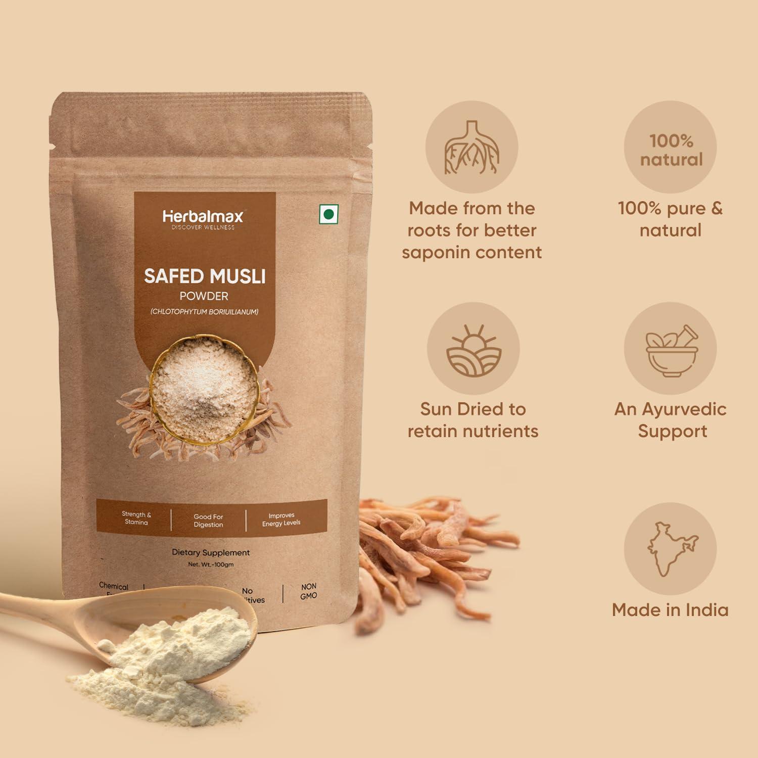Herbal max Herbal max Organic Safed Musli Root Powder - 100 gm | Ayurvedic Support for Vitality & Performance | Herbal Supplement | Strength & Stamina