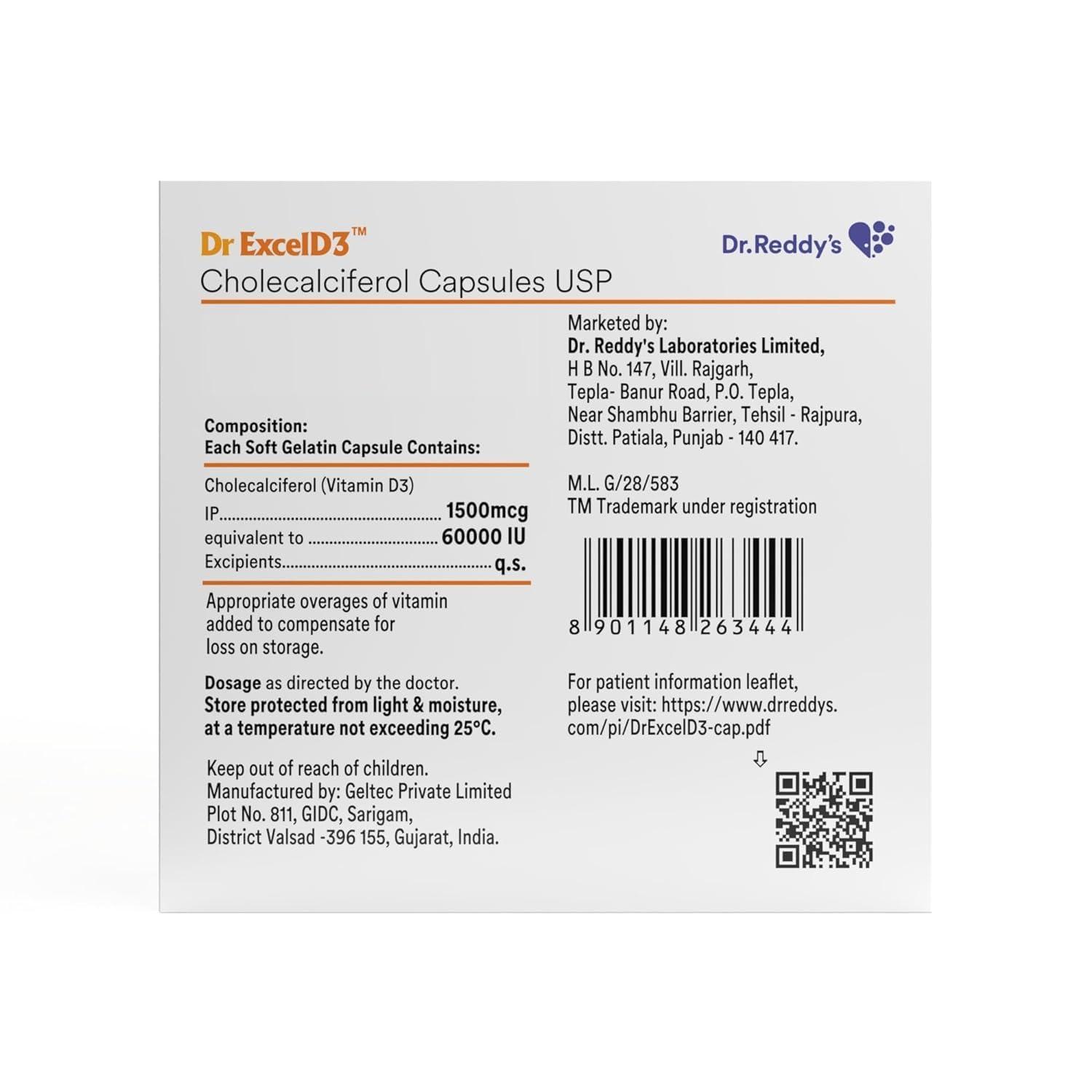 Dr ExcelD Dr ExcelD 3 From Dr. Reddy\'s | Vitamin D3 60000 Iu For Bone/Joint/Mental Health And Healthy Heart For Men & Women| 4 Capsules * Pack Of 5