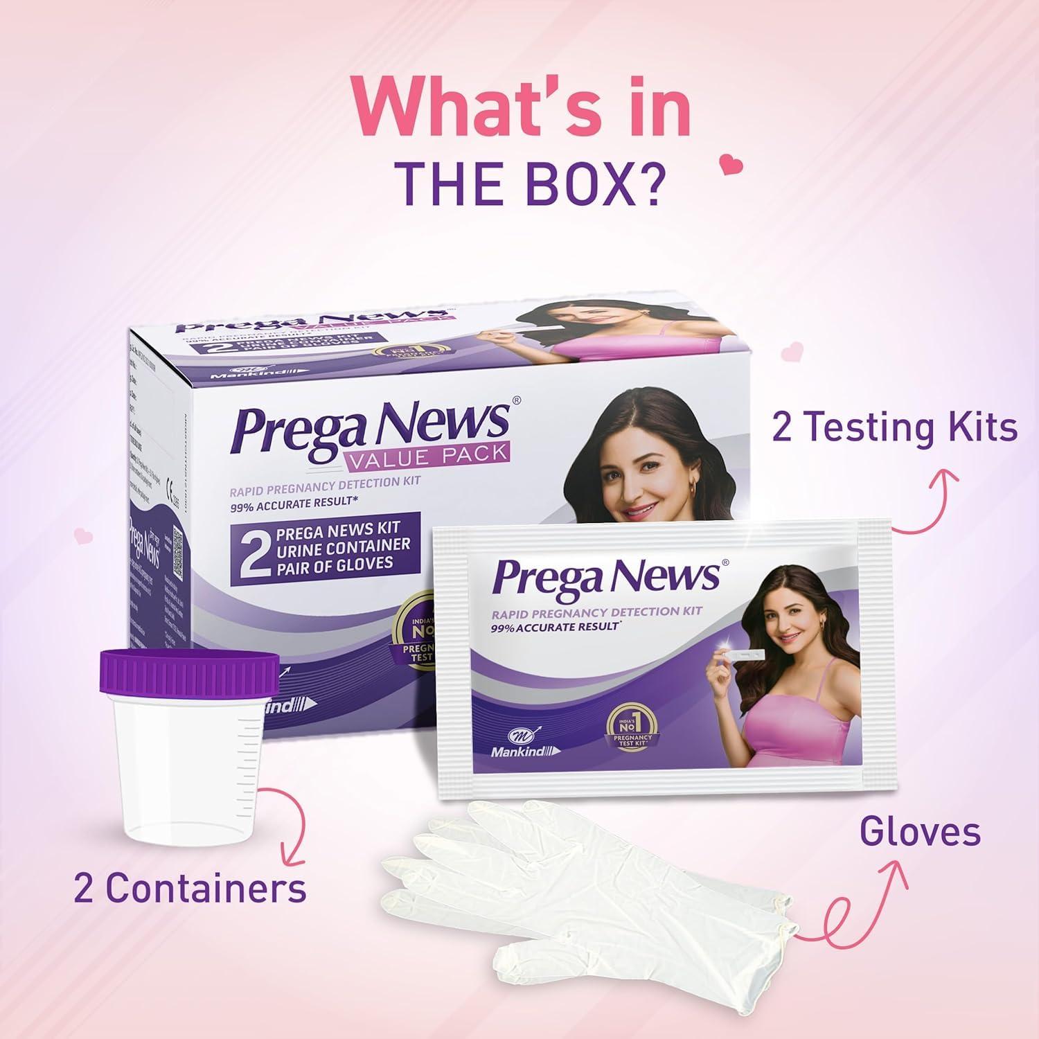 Prega News Prega news Value Pack Kit,One Step Pregnancy Test Kit, Easy to Use, Accurate Result in Just 3 Minutes,2 Gloves + 2 Urine Containers + 2 Pregnancy Test Kits x pack of 24