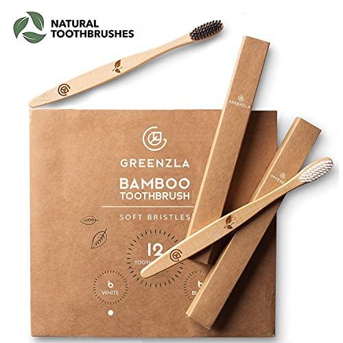 GREENZLA GREENZLA Biodegradable & Compostable Charcoal Wooden Bamboo BPA-Free Soft Bristles Eco-Friendly, Natural Manual Toothbrushes Set for Adult (12 Pack)