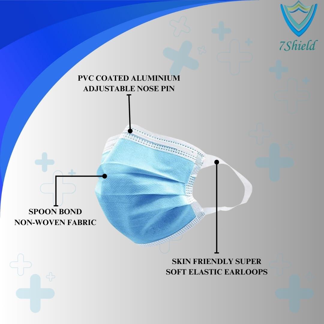 7Shield 7Shield Disposable Surgical 3Ply Unisex mask With Soft fabric ear loop for extra comfort Blue Surgical mask With Inbuilt Plastic Nose pin and CE and ISO Certified mask (Blue-200 pc)