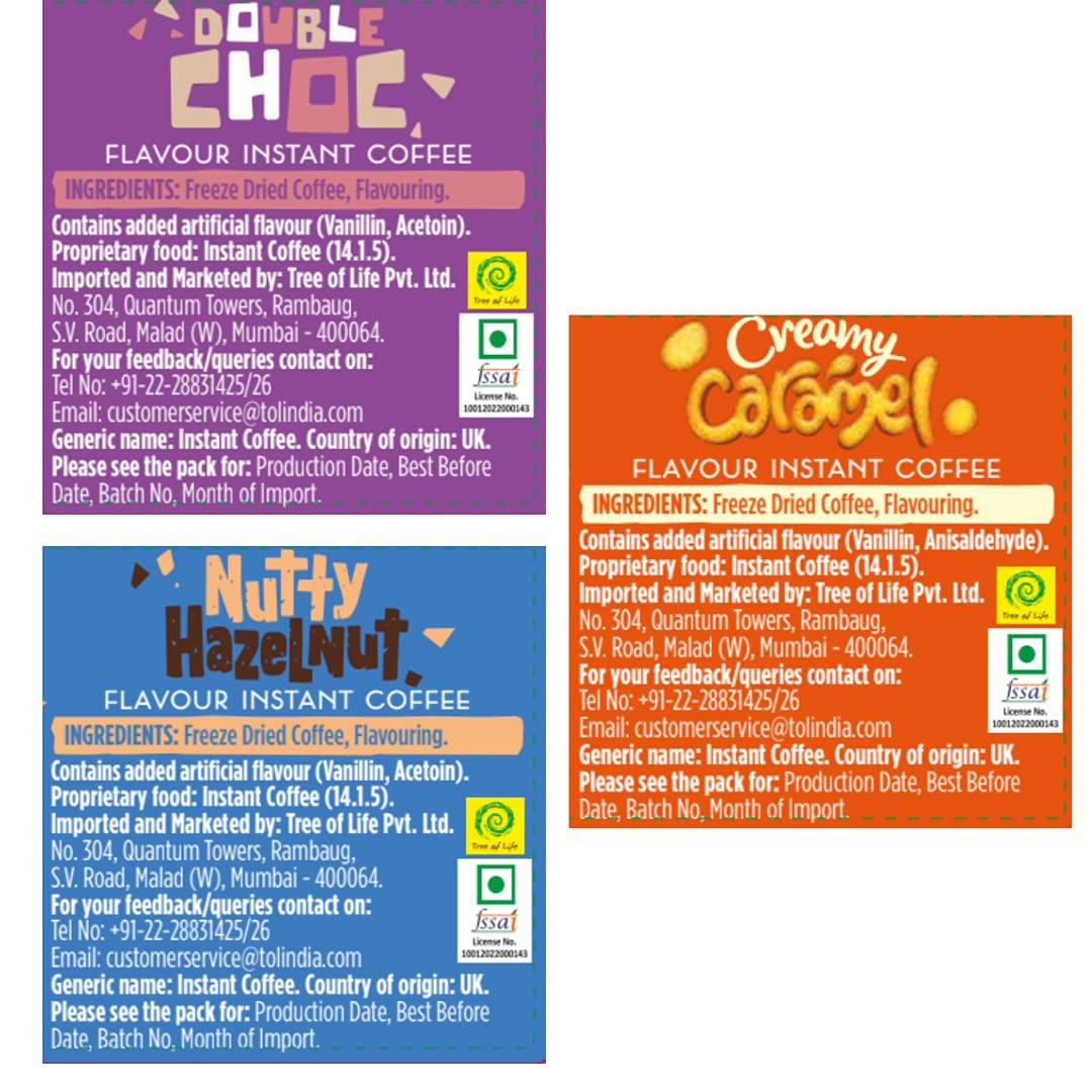 Beanies The Flavour Co Beanies|Instant Flavoured Coffee |Double Chocolate 50g, Creamy Caramel 50g, Nutty Hazelnut 50g|Low Calorie, Sugar Free|Pack of 3