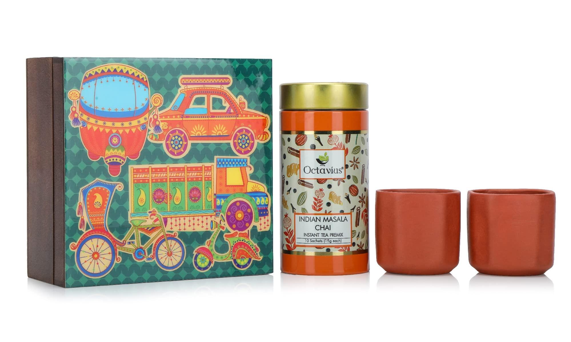 Octavius Octavius Desi Chai Set | Mithila Print | Indian Masala Chai Instant Tea Premix With 2 Handmade Terracotta Kullads (Cups) | Gift Pack For Family