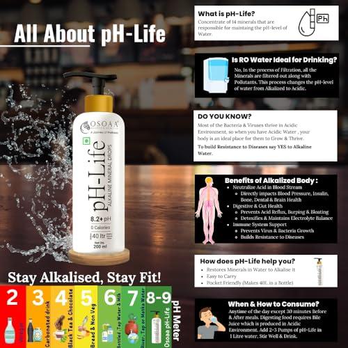 OSOAA OSOAA Ph-Life Vegetarian Alkaline Mineral Water Drops (200Ml)|Makes 40L Alkaline Water|8.2+ Ph Booster Drops For Ro Water|14 Minerals,0 Calorie|Drinking Water Enhancer Liquid