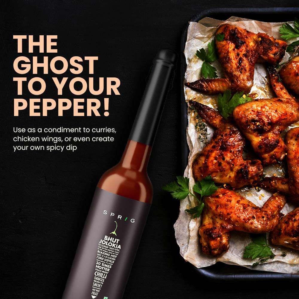 S P R I G Sprig Bhut Jolokia Sauce | Made with Worlds hottest Ghost Peppers | 75,000 SHU | Use as condiment, marinade or dip | Vegan | For veg and non-veg cuisine | Use with Pizza, Chicken Wings, Salads & Snacks | 120 gms