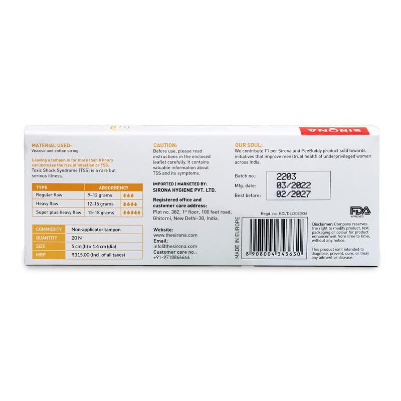 Sirona Sirona Period Made Easy Tampons - 20 Piece (Pack of 2) | For Heavy Flow | Biodegradable Tampons | FDA Approved