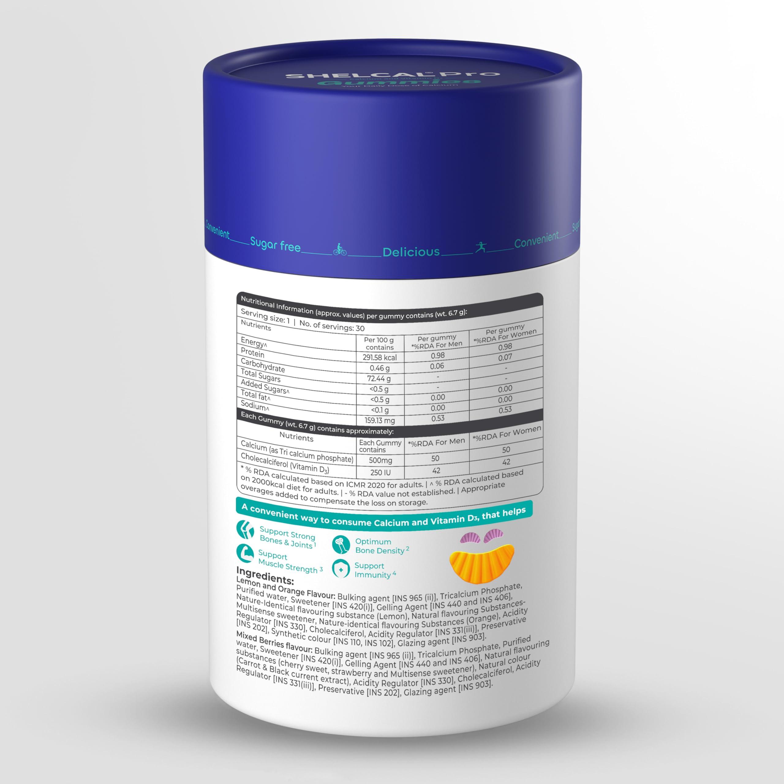 Torrent Torrent Shelcal Pro Calcium&Vitamin D3 Sugar Free Gummies|Supports Strong Bones&Joint| Lemon&Orange&Mixed Berries Flavours(30 Gummies)X Pack Of 6