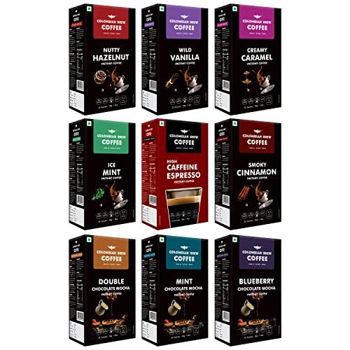 COLOMBIAN BREW COFFEE Colombian Brew Assorted, High Caffeine Espresso, Vanilla, Hazelnut, Caramel, Cinnamon, Double Chocolate Mocha, Blueberry Chocolate Mocha, Mint Chocolate Mocha, Mint Instant Coffee Powder, 50g Each