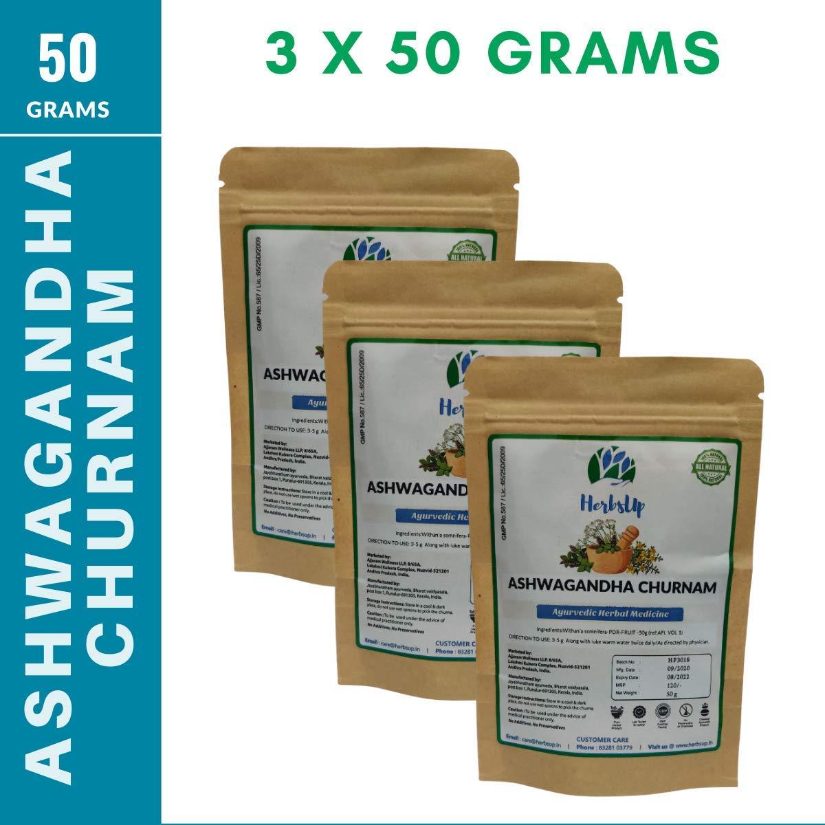 HerbsUp HerbsUp Ashwagandha Churna(3 X 50 Grams Powder) - Pure without any additives | Made in GMP Certified Facilities | Classical Ayurvedic Product