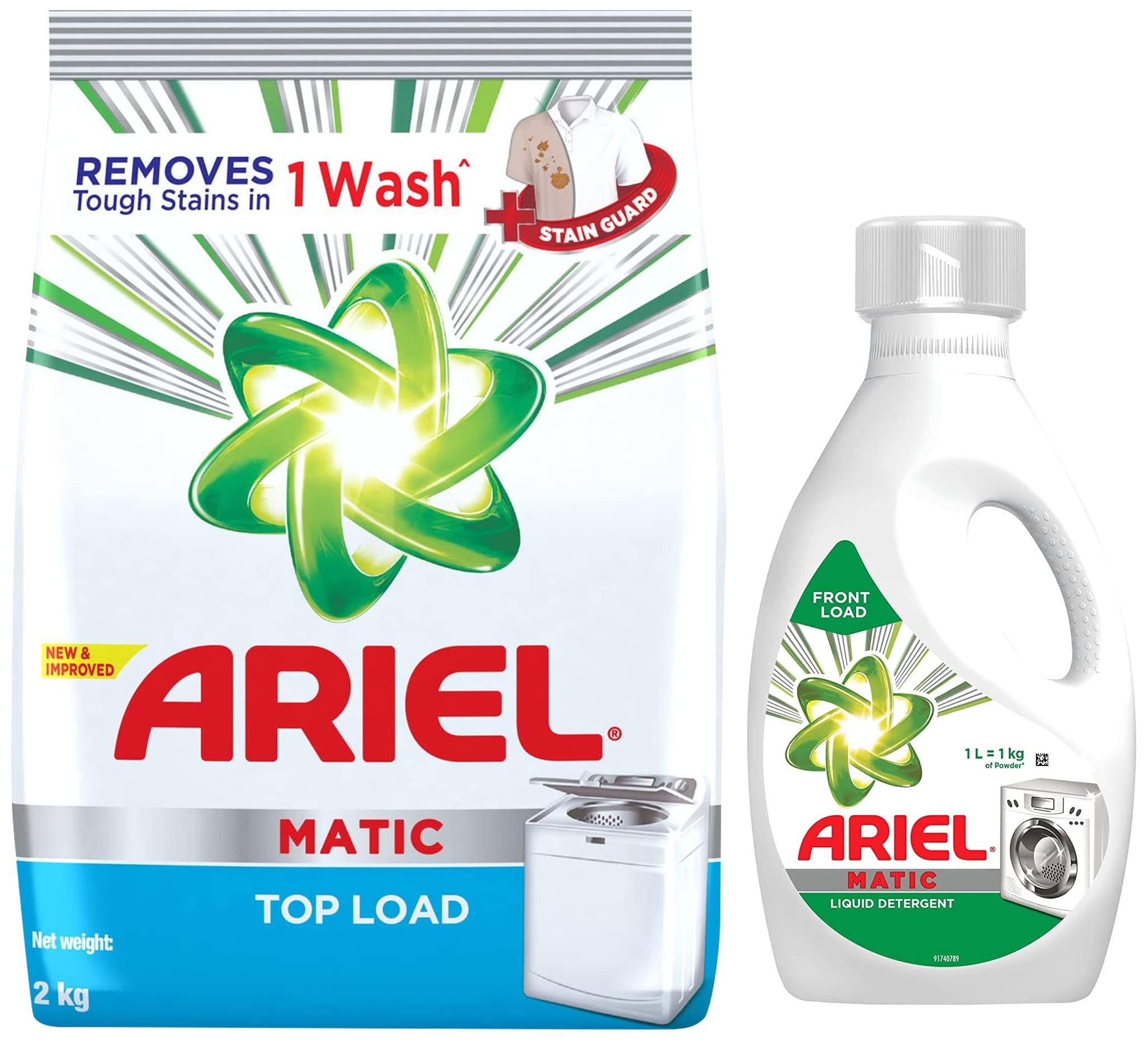 Ariel Ariel Matic Top Load Detergent Washing Powder - 2 kg & Matic Liquid Detergent, Front Load, 1 Litre, Pack Of 1