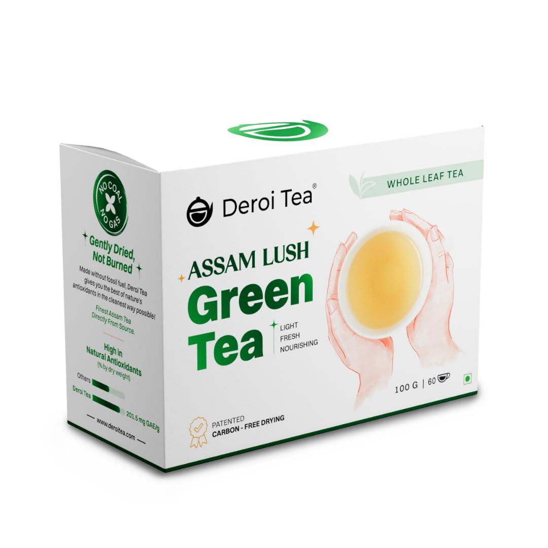 Deroi Tea DEROI TEA Assam Lush Green Tea | CARBON-FREE DRIED TEA | 100% Natural Whole Leaf | Assam Tea | 1Bud & 2 Leaves| Antioxidant Rich | Bitterless | 100 g - 60 Cups | Pack of 5