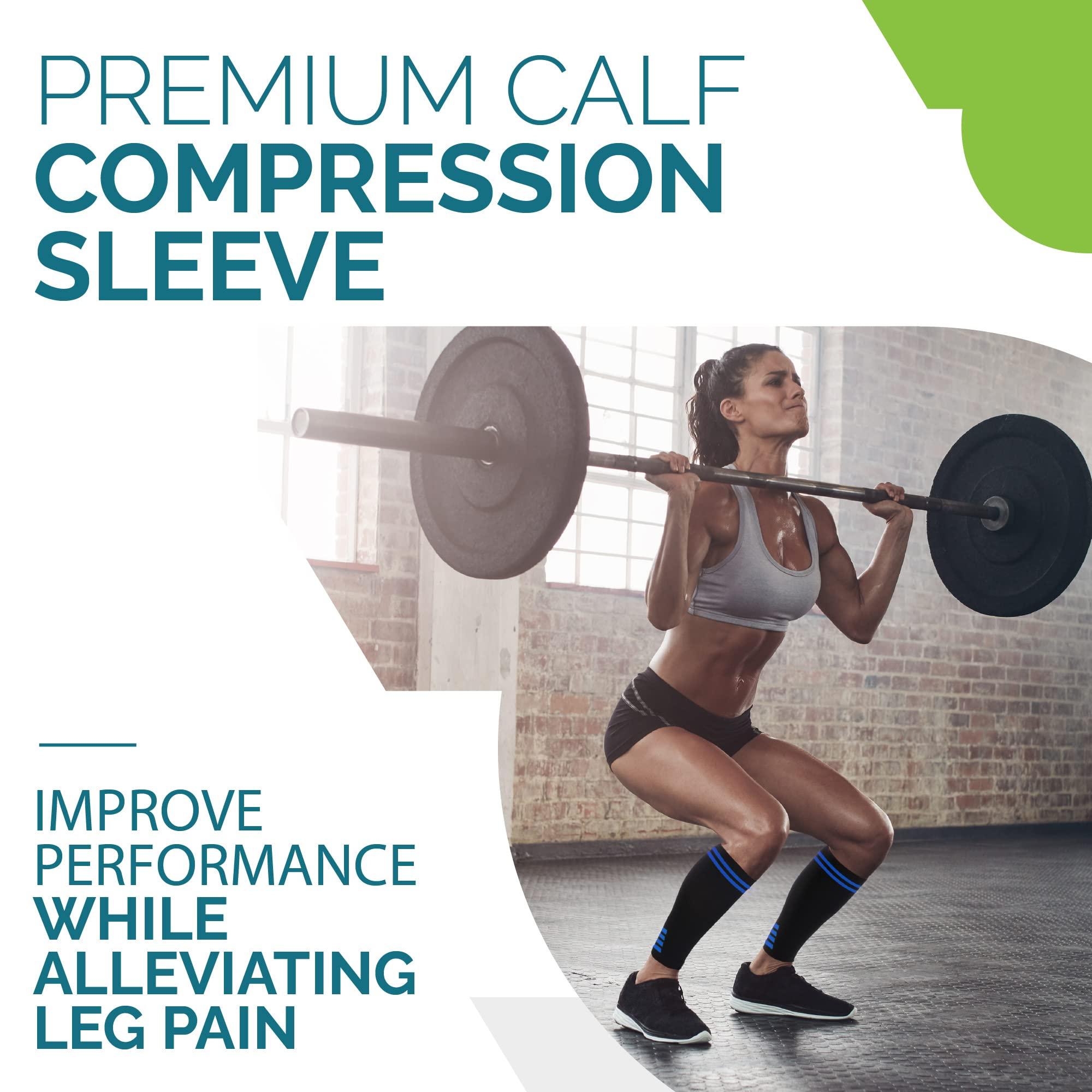 Run Forever Run Forever Calf Compression Sleeves for Men and Women - Leg Compression Sleeve - Footless Compression Socks for runners, Black & Blue, Large