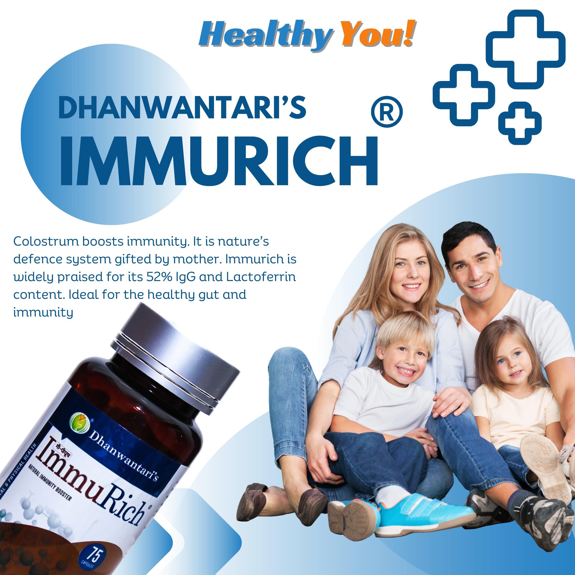 IMMURICH Dhanwantari\'s Immurich Immunity Boosters for Adults - 75 Cap | A2 Cow Colostrum | 52% IgG| Boosts Immunity | Helps Build Strength & Stamina | Builds Overall Health