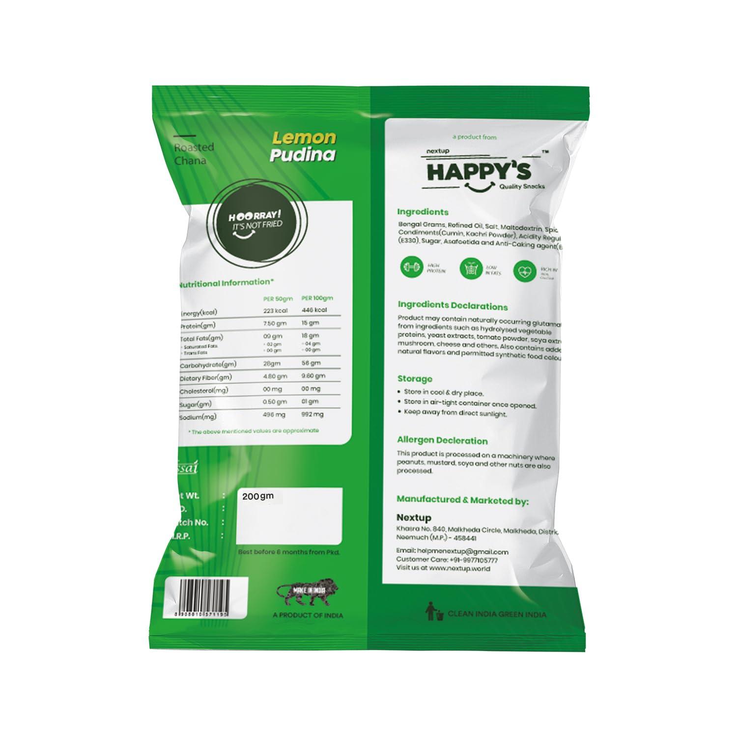 NEXT UP HAPPYS Happy\'s Roasted Chana, 200 gm | Pack of 1 | Lemon Pudina Flavor | Low Fat | Rich in Protein | Roasted to Perfection | No Artificial Flavors | Nutrient-Rich Snacking