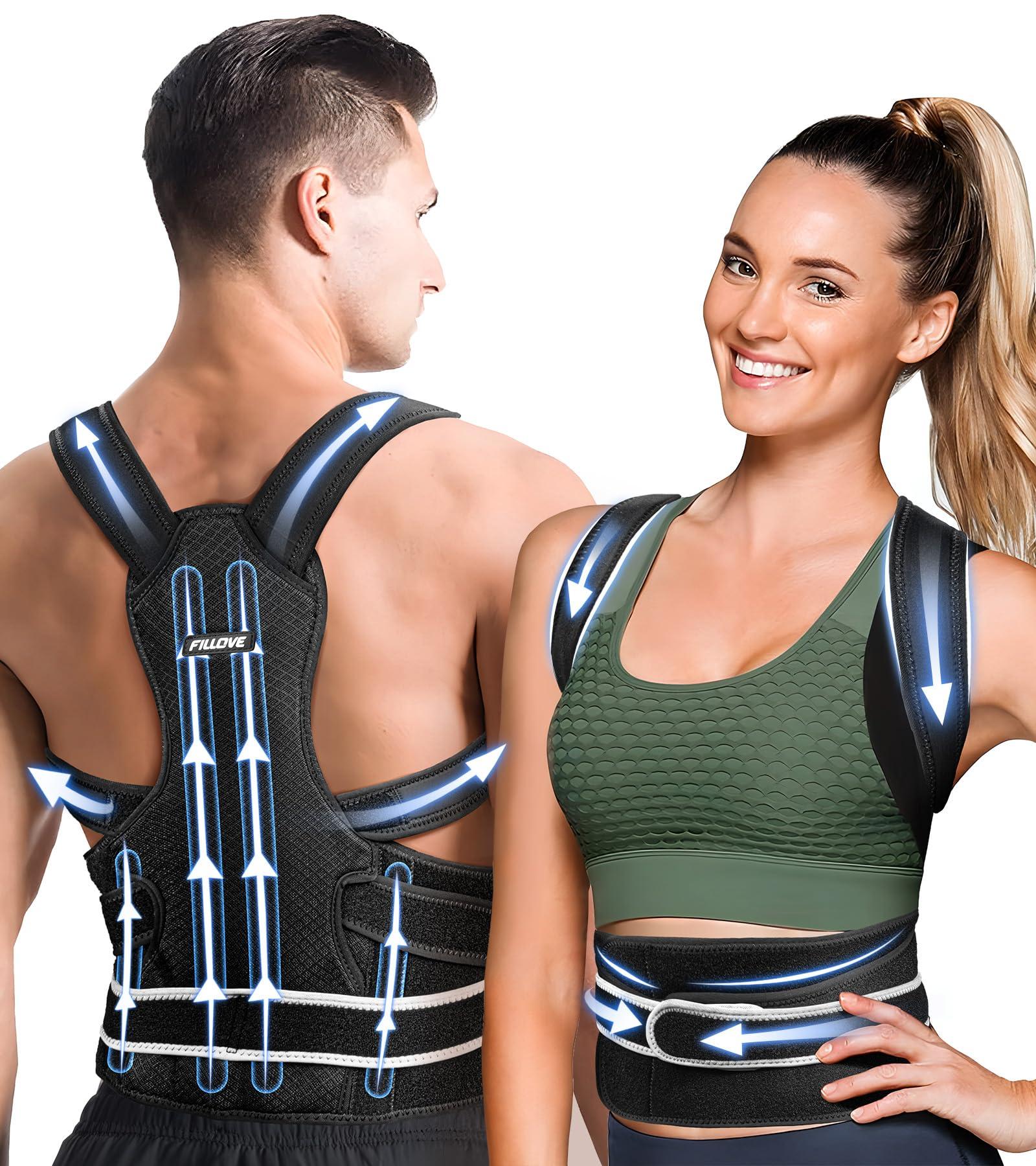 FILLOVE FILLOVE 4X Support Back Brace Posture Corrector for Women and Men with Magnetic Therapy, Adjustable Full Back Straightener for Upper Lower Back Pain Relief, Spine Scoliosis Hunchback Posture Corrector