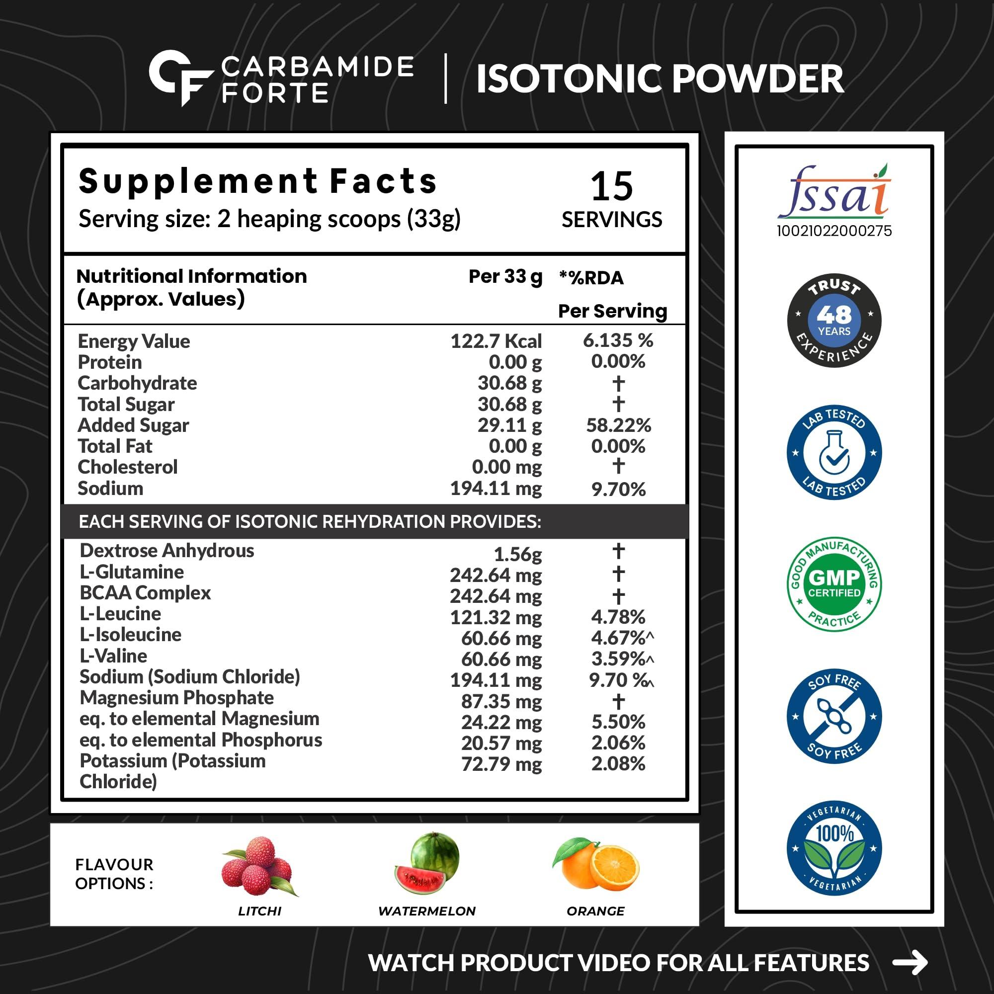 Carbamide Forte Carbamide Forte Isotonic Powder | Pre Workout Supplement For Men And Women| Instant Energy Drink for PreWorkout | Electrolytes Powder with added BCAA & L Glutamine - WaterMelon Flavour - 500g (Pack of 2)