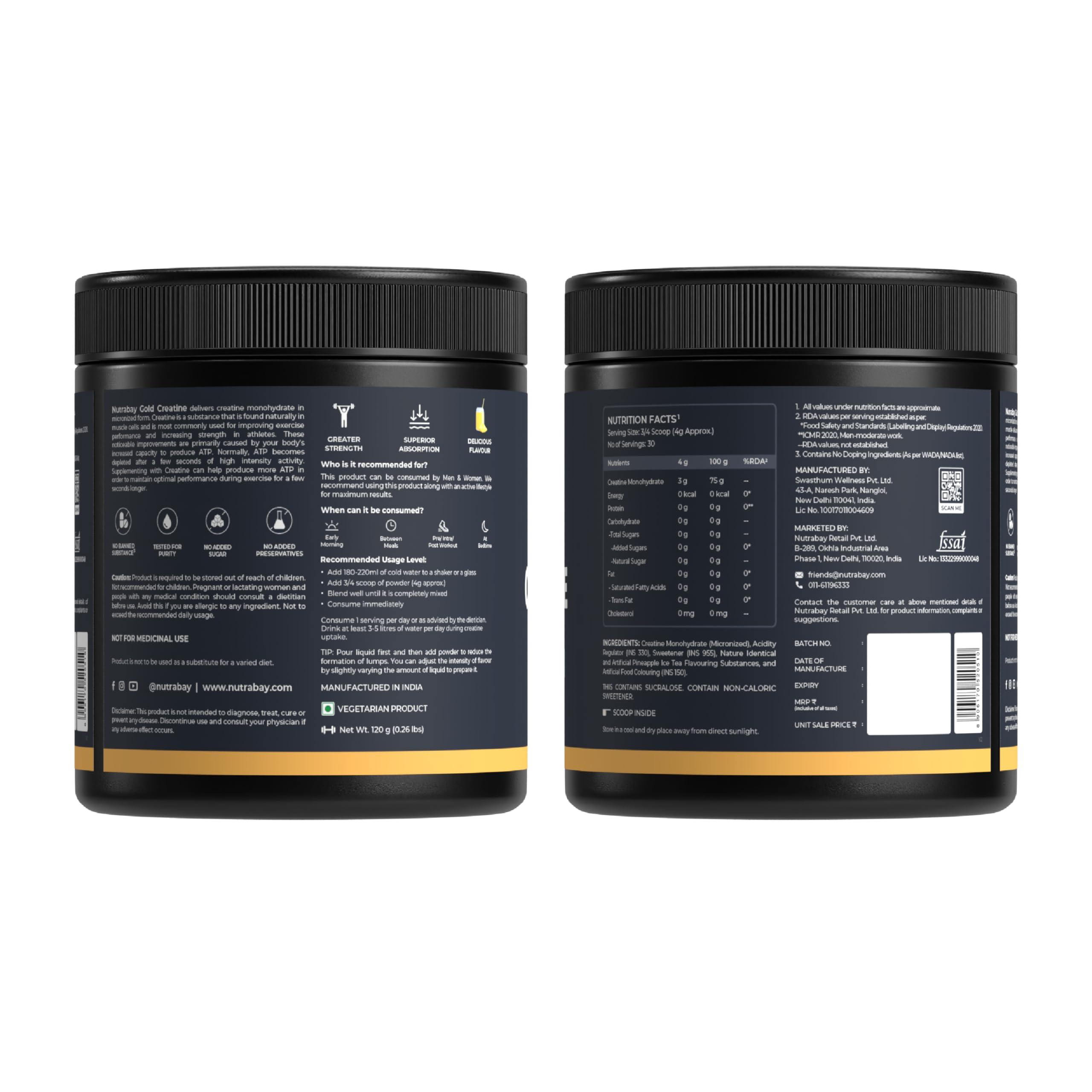 Nutrabay Nutrabay Gold Micronised Creatine Monohydrate-120Gram,Pineapple Ice Tea Powder Flavor Pre/Post Workout Supplement,Muscle Repair&Recovery Supports Performance&Power Flavoured Creatine Amino Acid