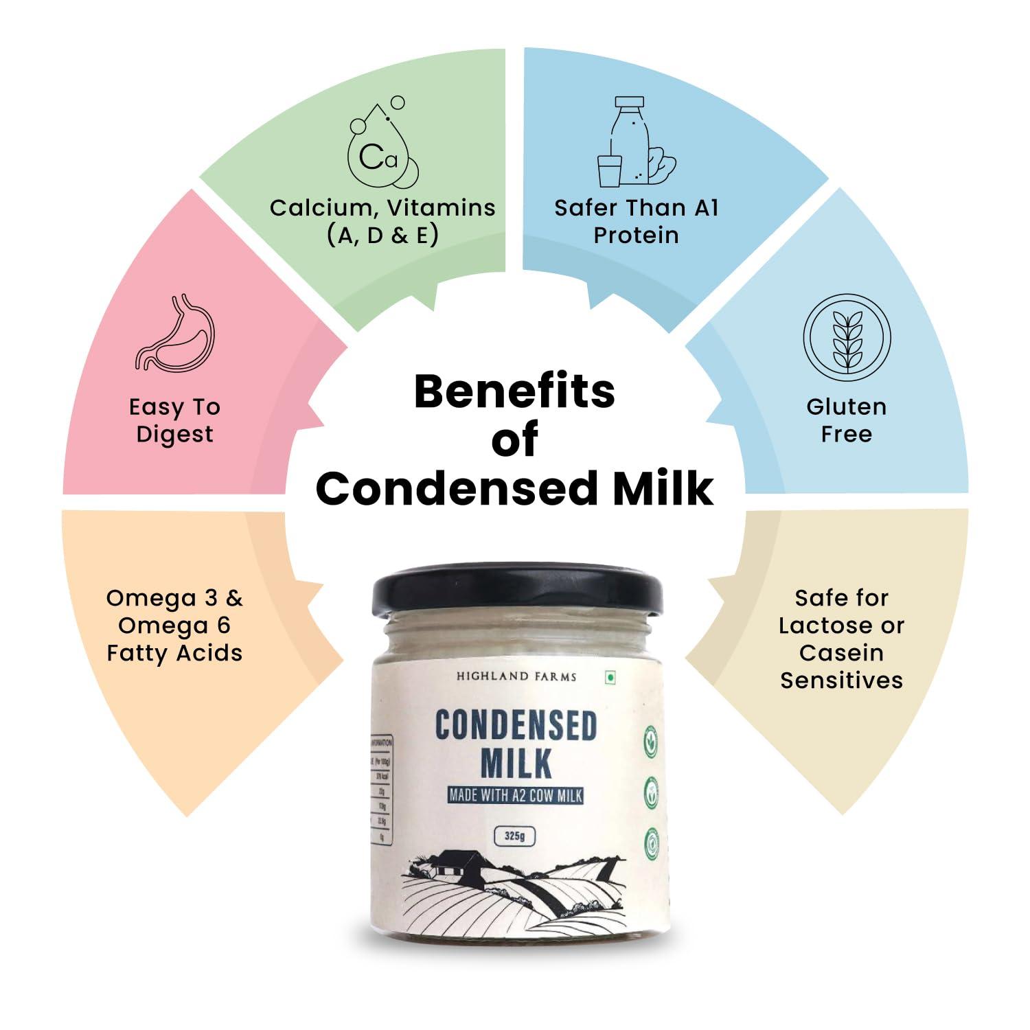 Highland Farms Highland Farms Condensed Milk | made with Free range A2 Milk | Omega-3 reduce the risk of heart disease & stroke | rich in protein, Vitamin A and Potassium | glass packaging | 325g