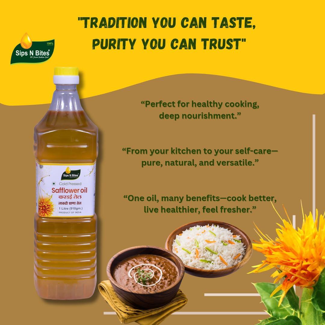 Sips N Bites Sips N Bites Cold Pressed Safflower Oil | 1 litre For Cooking | Lakdi Ghana | Kardi ka Tel | Lakdi Ghani Ka Oil | Kardai Tel Extracted On Wooden Churner 1000ml Bottle (Pack of 1)