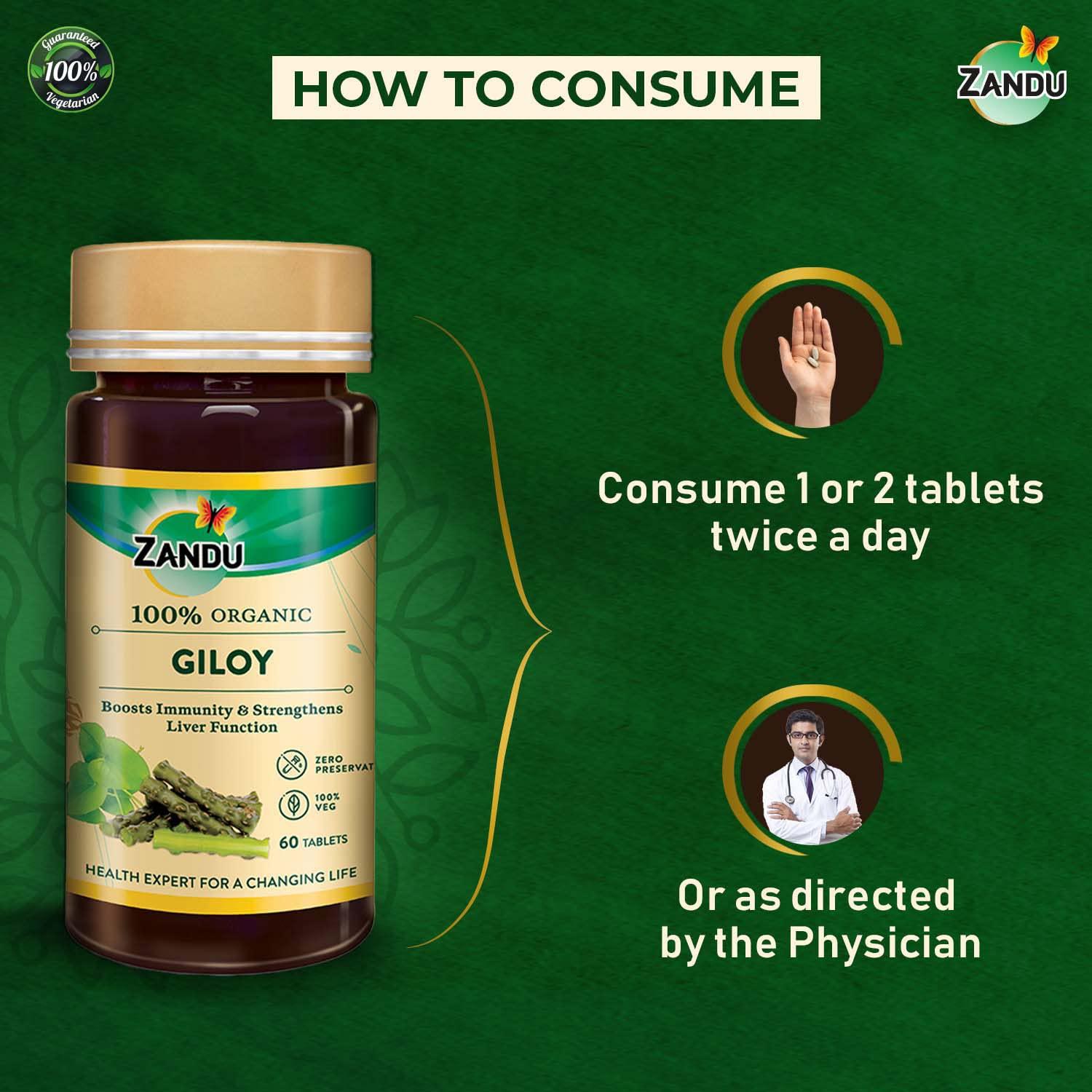 Zandu Zandu Giloy Tablets with 100% Pure Giloy Extract | Ayurvedic Immunity Booster | Protects against Infections | Improves Liver Function |100% Ayurvedic & Vegetarian (60 Tabs)