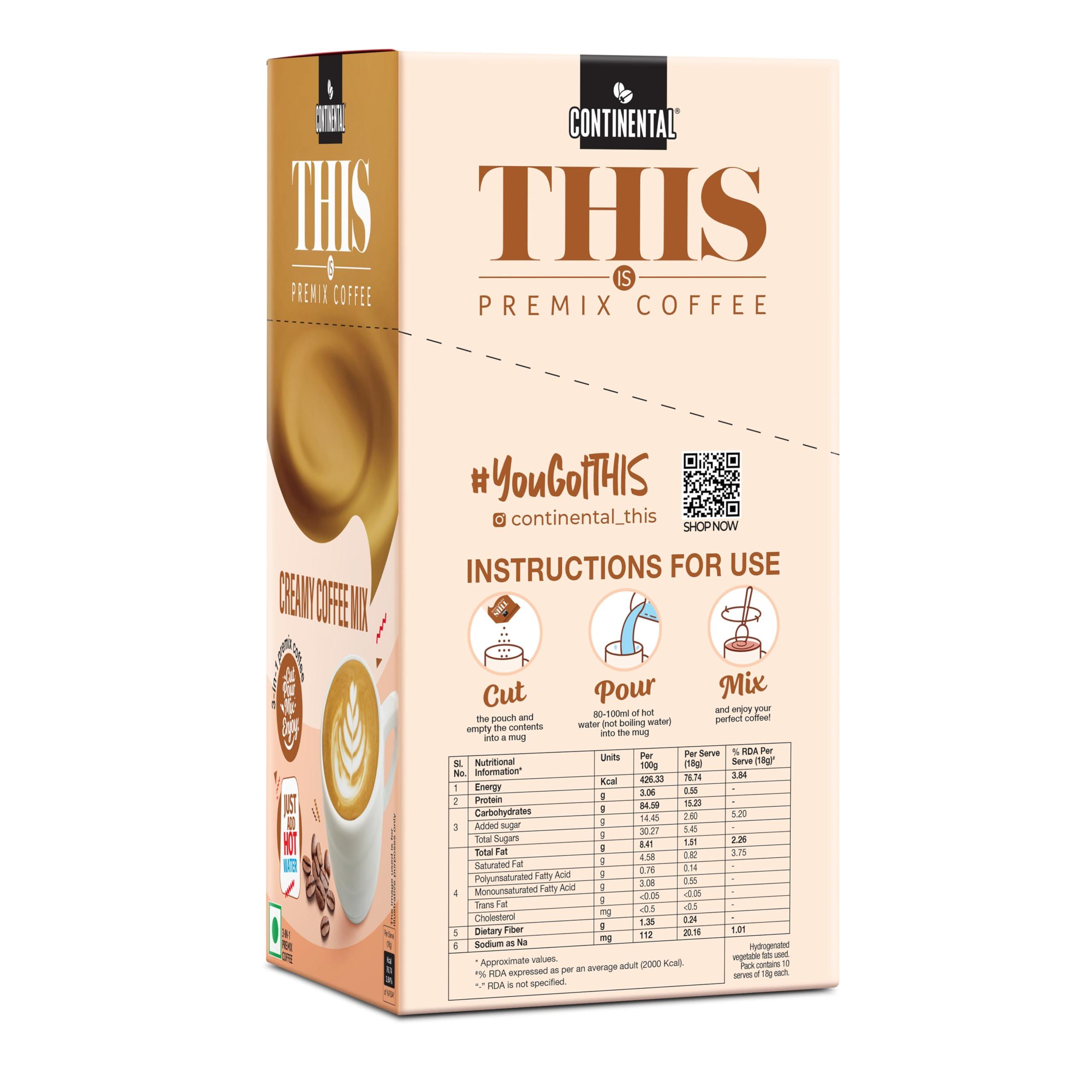 Continental This Continental This Creamy Coffee 180 Gram | 3In1 Instant Premix Coffee Powder | 20 Sachets | Just Add Hot Water - Caf? Like Coffee