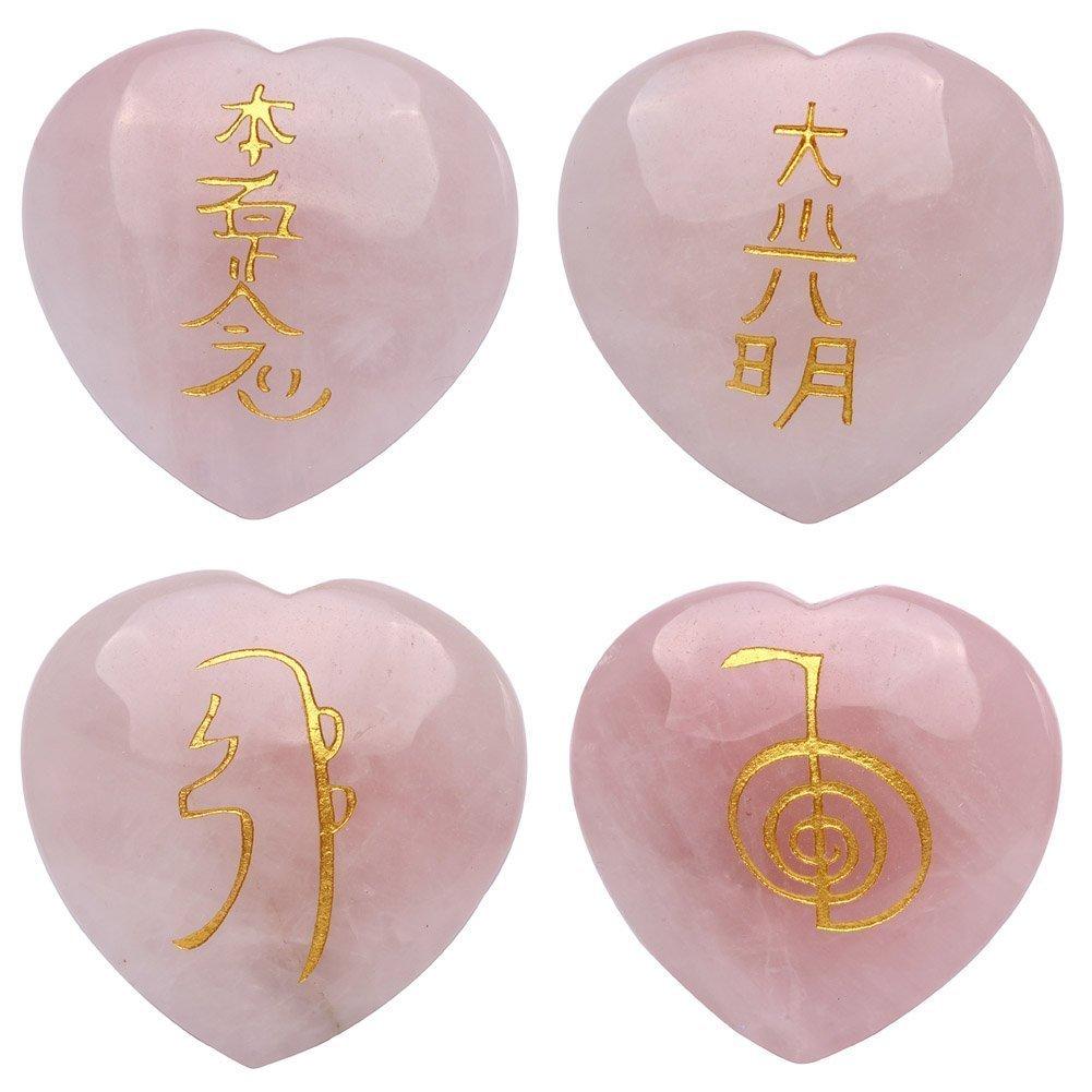 Healing Crystals India Natural 4pcs Rose Quartz Engraved Heart-Shaped Chakra Stone Palm Stone Crystal Reiki Healing with One Random Pouch
