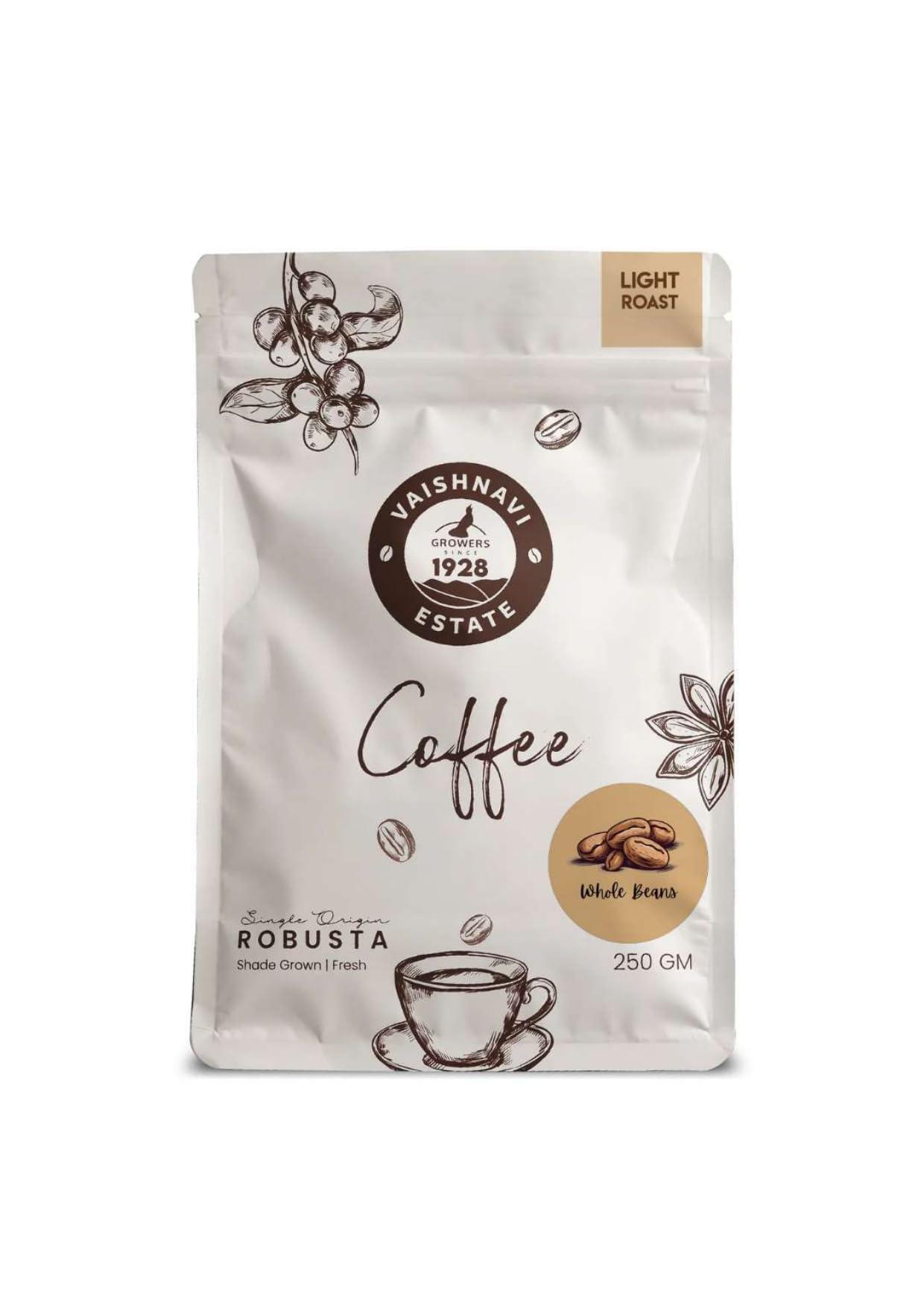 Vaishnavi Estate Vaishnavi Vegan Light Roast Robusta Single Origin, Shade Grown Fresh Coffee || 100% Pure Coffee || (Whole Bean, 250 grams)