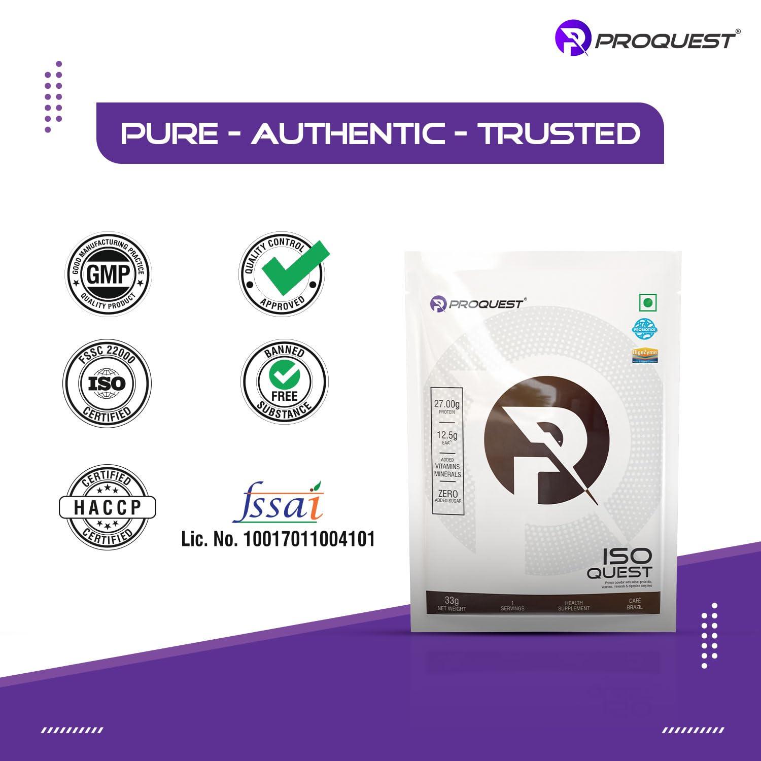 PRO QUEST ProQuest Iso Quest Whey Protein Isolate (Caf Brazil, 33g / Single Serving Sachet) | 27g Protein Per Scoop | Low Fat & 12.5g EAA | Lab Tested & Easily Digestive | Faster Muscle Support & Recovery