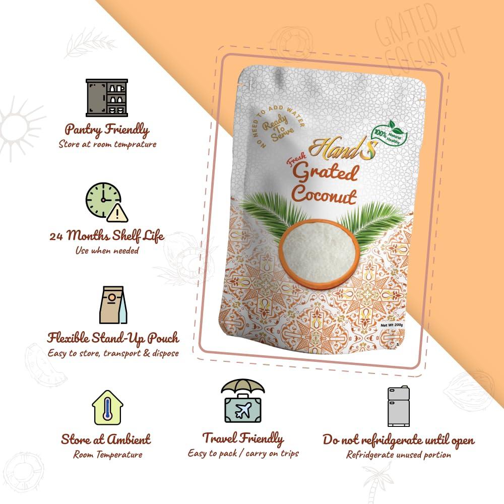 HandS HandS Fresh Wet Grated Coconut Kernel | 200 gms X Pack of 2 | No added Preservatives or Chemicals | No need to add Water | Vegan and Keto Friendly | Easy Ingredient for South Indian Dish Preparation