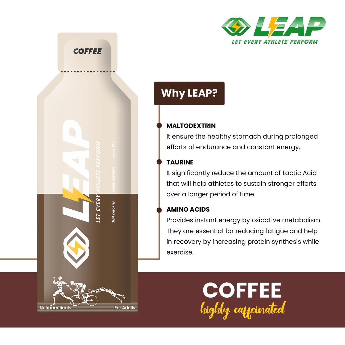 LEAP Leap Energy Gel for Runners, Cyclists & Athletes -Natural Ingredients for Quick Energy & Easy Digestion - Contains Amino Acids & MCT Oil - For Pre, During, Post Work Out (Coffee-Highly Caffeinated)