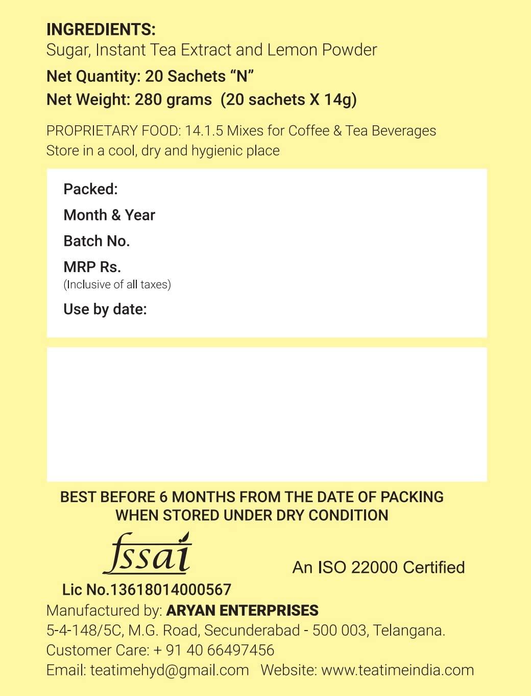 ARYAN ENTERPRISES Teatime Aryan Teatime Instant premix LEMON TEA - 20 Sachets (1pack)- Lemon Tea - Just add Hot water