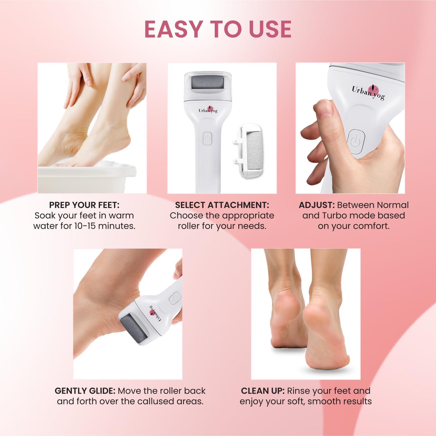 Urban yog Urban yog Callus Remover with 3 Interchangeable Head Rollers, Rechargeable, Callus & Dead Skin Removal, Pedicure Device Filer for Foot Care, 2 Speed Settings, Fast Type-C Charging, 1200mAh Battery