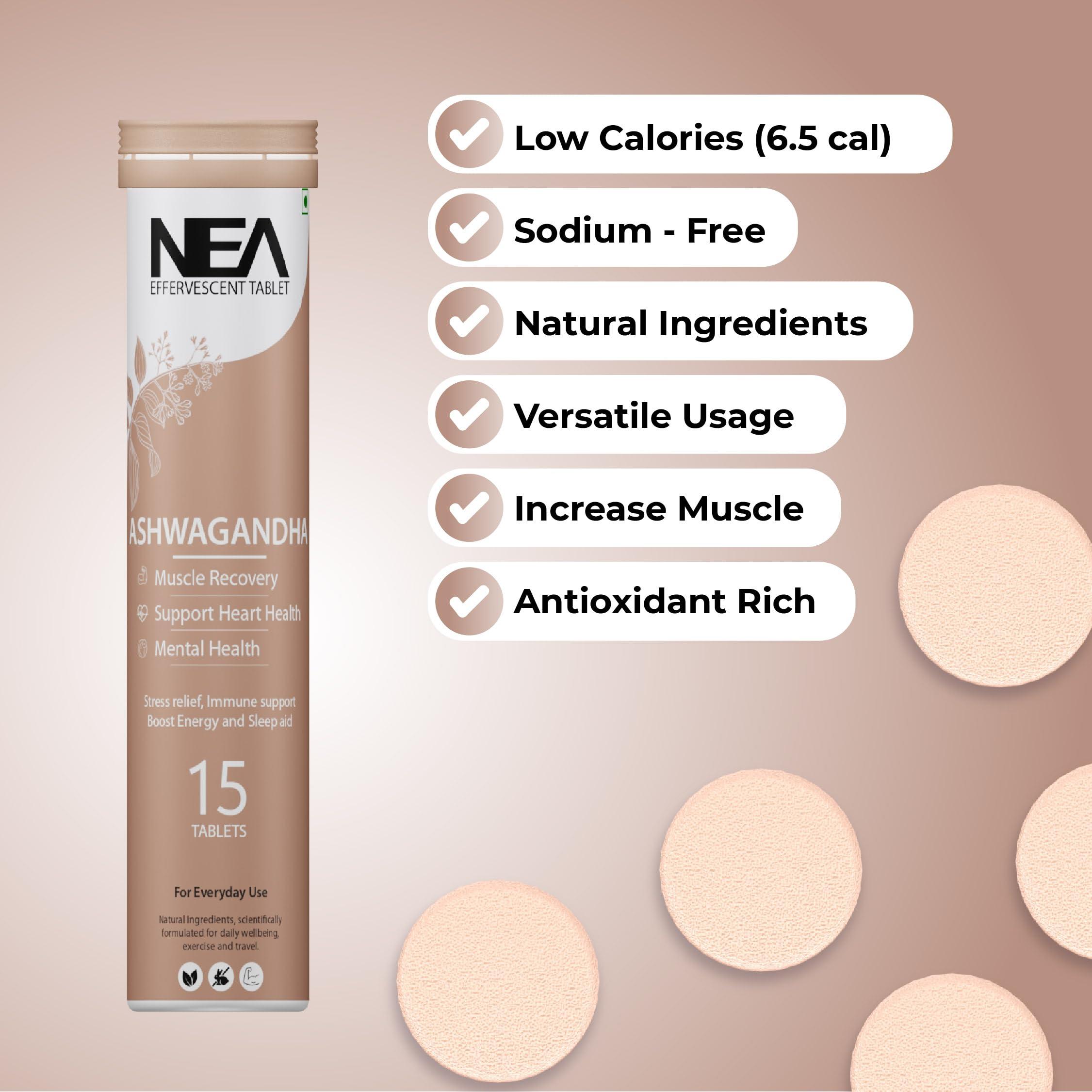 NEA Nea Ayurvedic Ashwagandha Effervescent Tablets | Stress Relief (45 Days Pack) | 3 Bottles of 15 Tablets Each