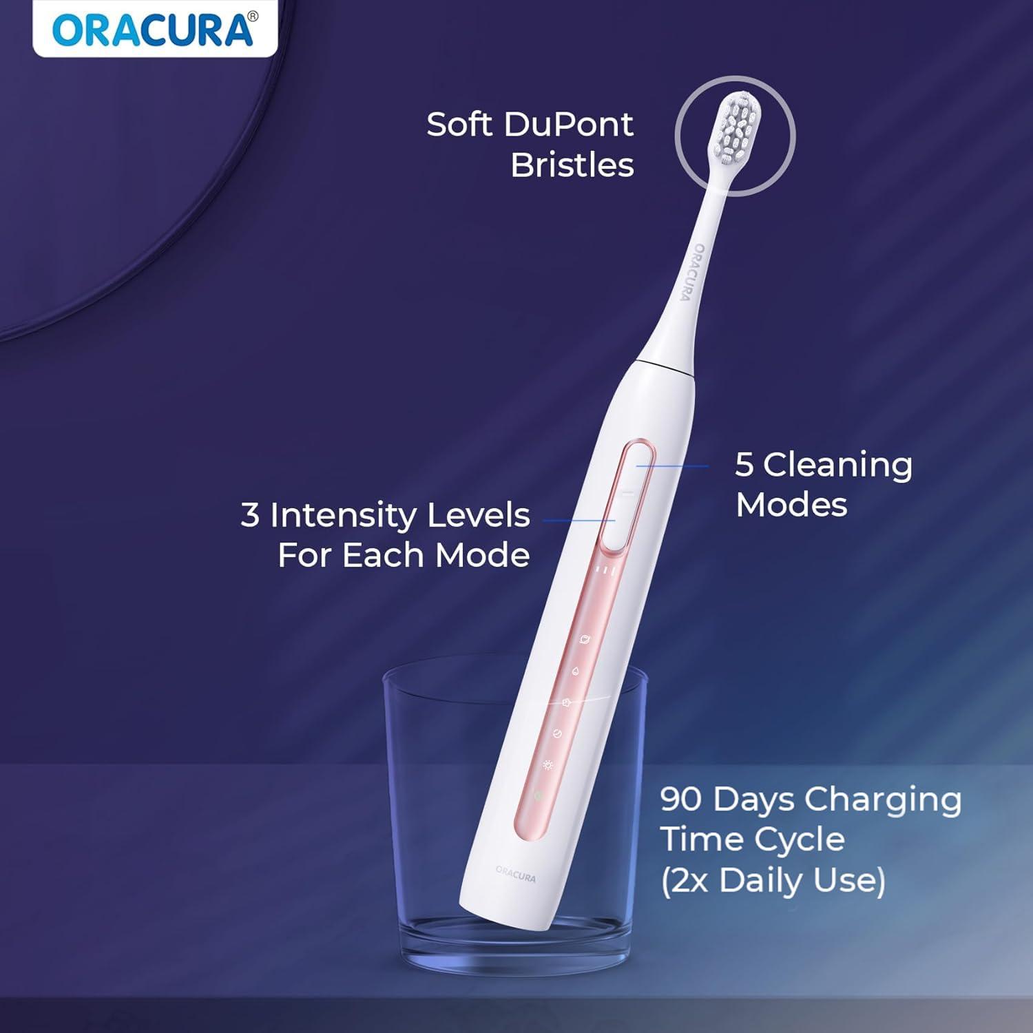 ORACURA ORACURA Sonic Smart Electric Rechargeable Toothbrush SB300| Peach |4 Vibrant Colors| 36,000 strokes/min| With 5 Modes & 3 Intensity Levels| IPX7 Waterproof| 2 Minutes Auto-Timer| 90 Days Battery Life