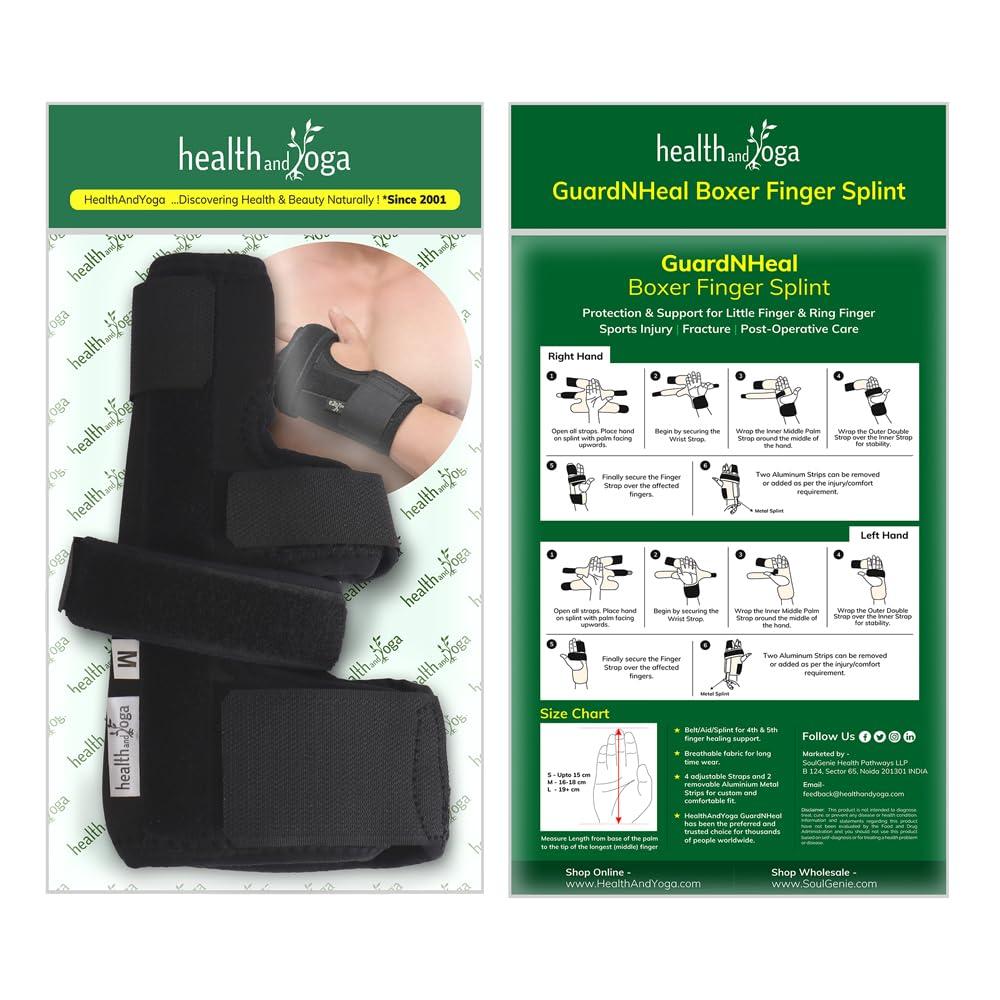 HEALTHANDYOGA HealthAndYoga GuardNHeal Boxer Finger Splint (M) -Ulnar Gutter Contraption with Straps & Aluminium Strip- Protects & Immobilizes 4th & 5th Fingers- For Fracture, Sprain - Fits Both Left & Right Hands
