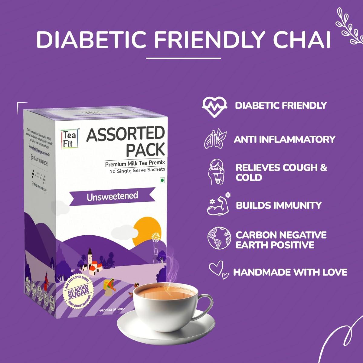 TeaFit TeaFit Premium Zero Sugar Instant Assorted Tea Pack of 24 Sachets (336gm) | Ginger-Cardamom-Masala-Saffron-Lemongrass Instant Milk Tea Premix | Diabetic Friendly | Instant Tea Premix | Tea Powder