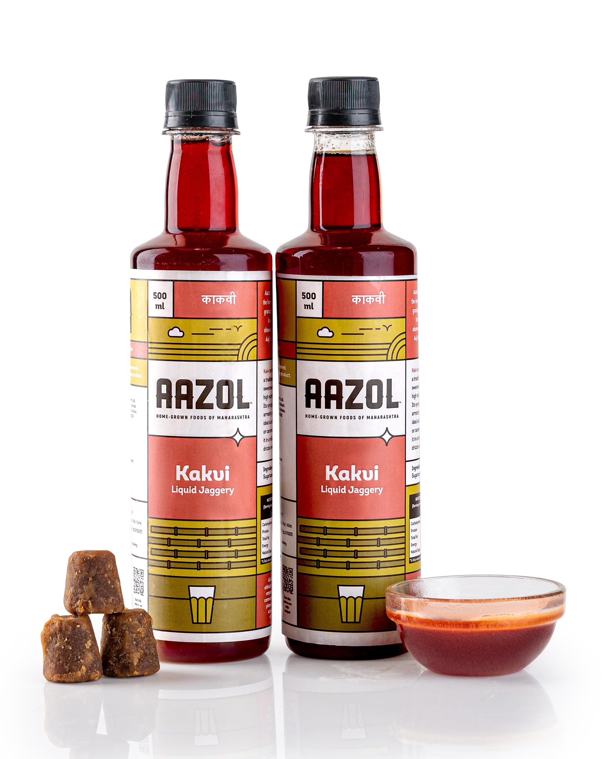 AAZOL Aazol Liquid Jaggery: Kaakvi - 1L (Pack of 2-500ml each) | Healthy Sugar Substitute | Natural By-product of Sugarcane | Mineral-rich & Nutritious | Use in Tea, Coffee, Desserts, Salads & More!
