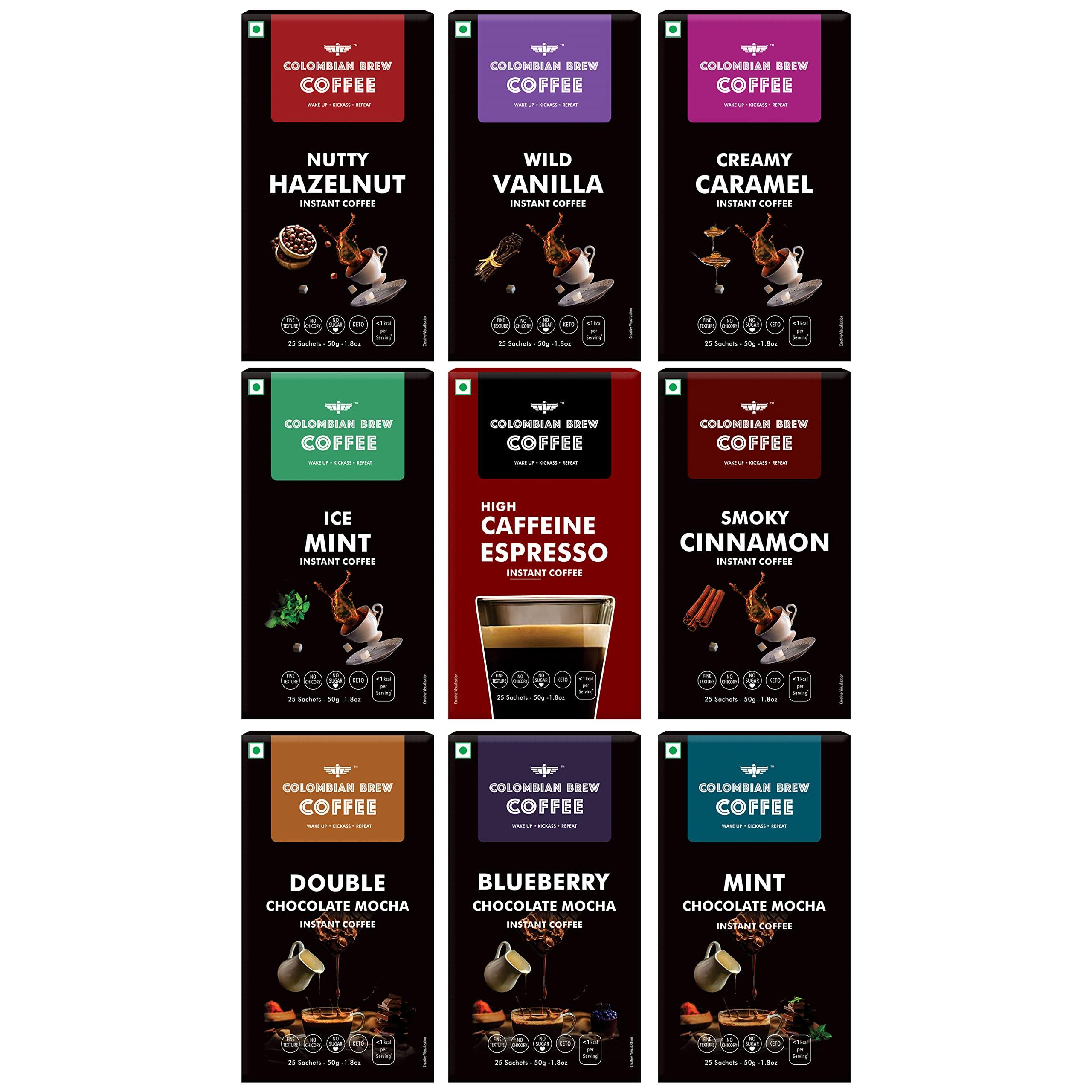 COLOMBIAN BREW COFFEE Colombian Brew Assorted, High Caffeine Espresso, Vanilla, Hazelnut, Caramel, Cinnamon, Double Chocolate Mocha, Blueberry Chocolate Mocha, Mint Chocolate Mocha, Mint Instant Coffee Powder, 50g Each