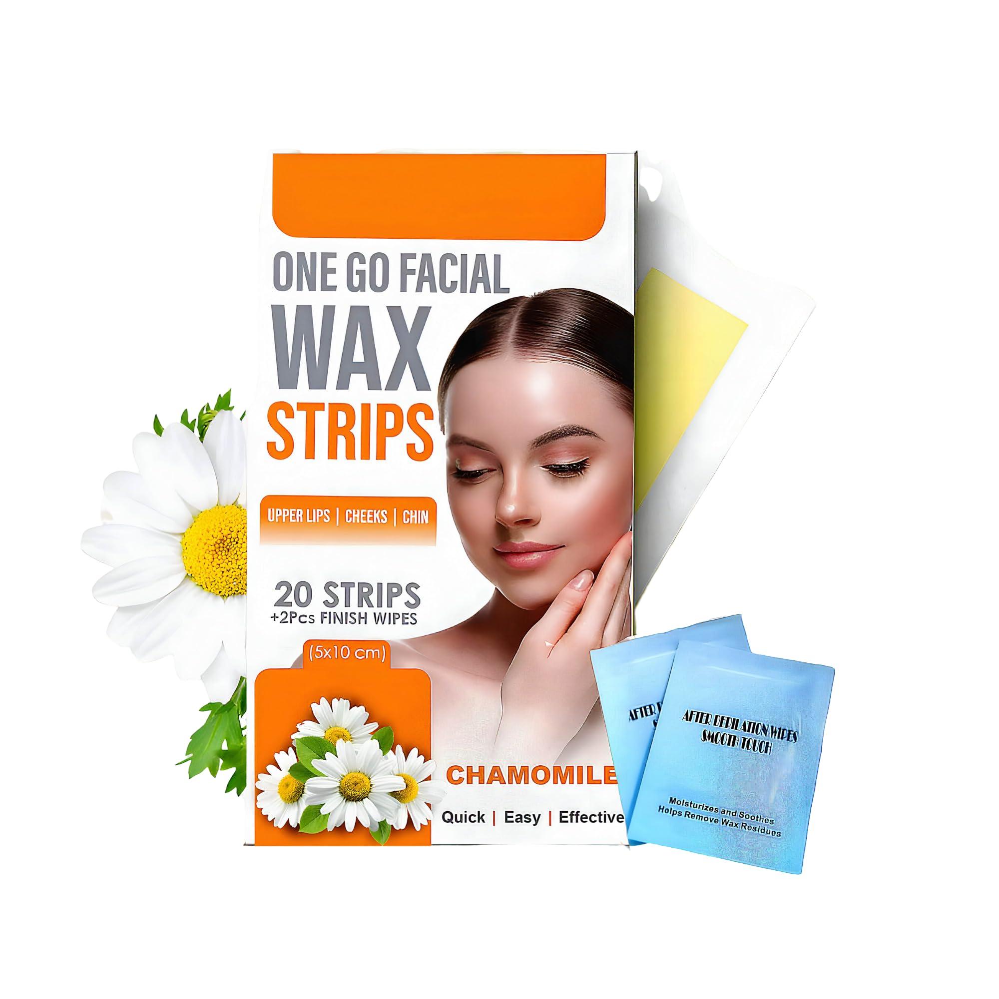 KNYUC MART KNYUC MART Hair Removal Waxing Strips for Eyebrows Face Upper Lip Chin Facial Wax Strips for For Legs,underarms (20 Strips +2 pcs finish wipes) (CHAMOMILE)