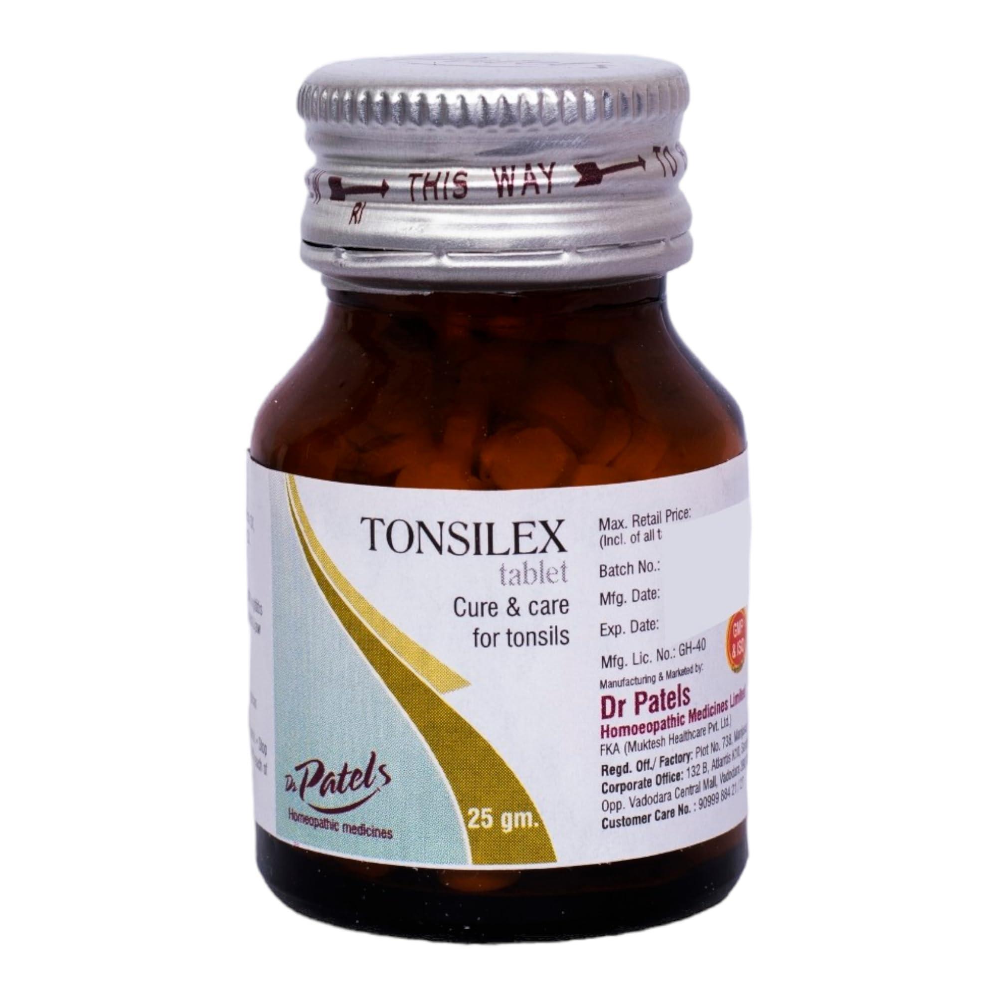 DR PATELS HOMEOPATHIC MEDICINES Dr Patel\'s Homeopathic Tonsilex Tablet - Cure & Care for Tonsils | Relief for Acute, Chronic, Recurrent Tonsillitis, Adenoids, Lymphadenitis, Pharangititis and Sore Throat- 25gms