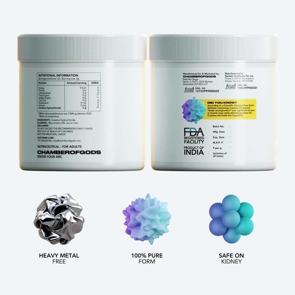 CHAMBEROFGODS Chamberofgods 100% Pure Creatine HCL Supplement | unflavoured 100gm | Improved Muscle Strength & Power | Better Absorption